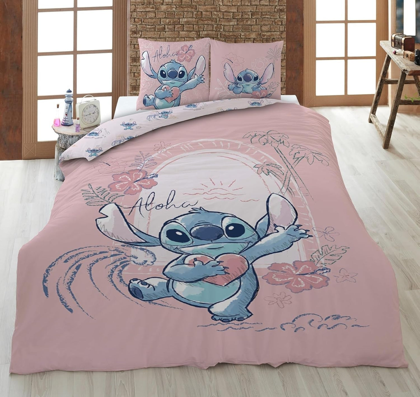 Stitch Aloha Wende-Bettwäsche-Set, Mädchen-Bettwäsche, Bettwäsche aus 100 % Baumwolle – Kids Naty Shop Standardtitel