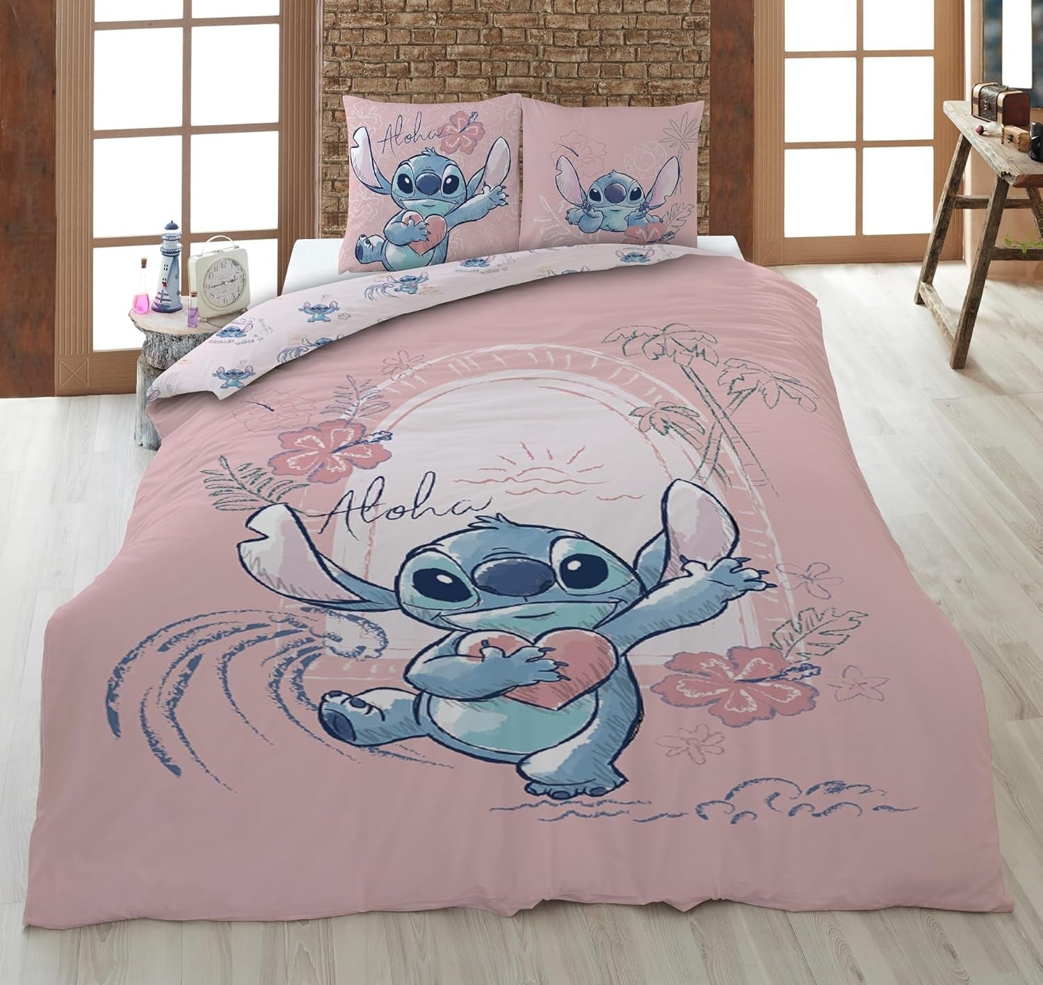 Stitch Aloha Wende-Bettwäsche-Set, Mädchen-Bettwäsche, Bettwäsche aus 100 % Baumwolle – Kids Naty Shop Standardtitel