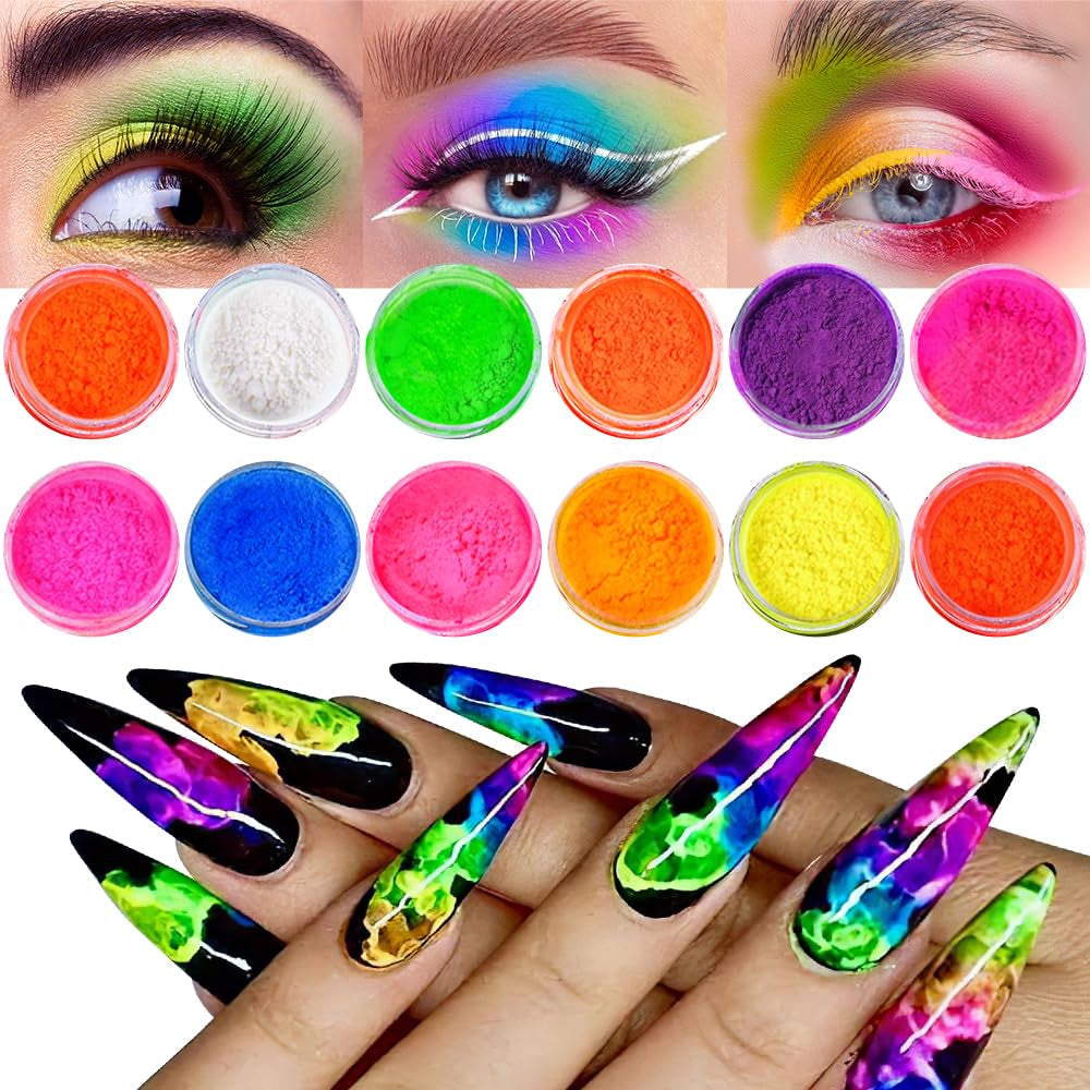 Neon Phosphor Pigment Pulver Für Nägel Lidschatten - 12 Farben Neon Nagel Glitzer Augenpulver Maniküre Halloween Neon Make-Up Dekoration Nail Art Staub Pigment