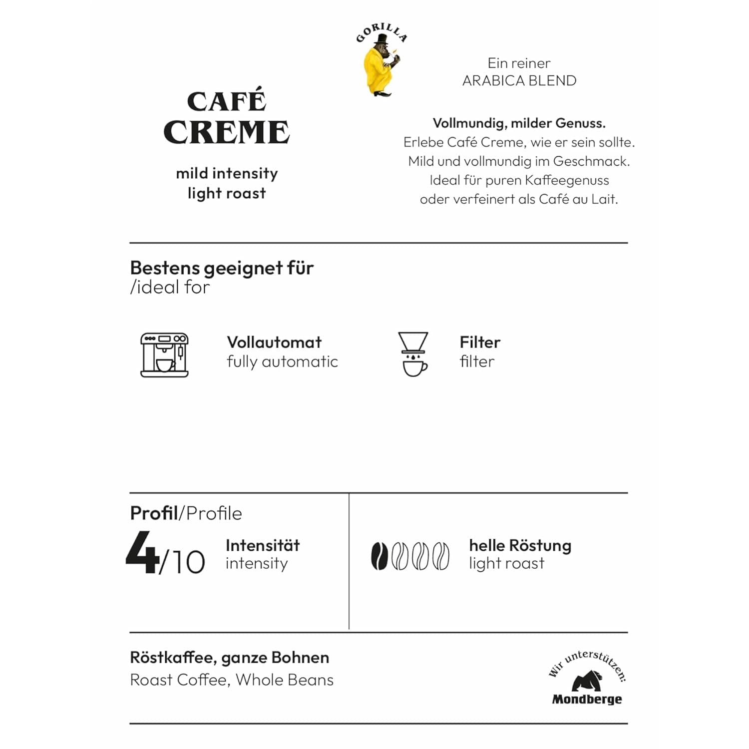 Gorilla Café Creme 6x 1000g | 100 % traditionelle Arabica-Bohnen | Ideales vollautomatisches Crema mit harmonischem Aroma | Geriger Koffeingehalt helle Röstung | Vorratspackung