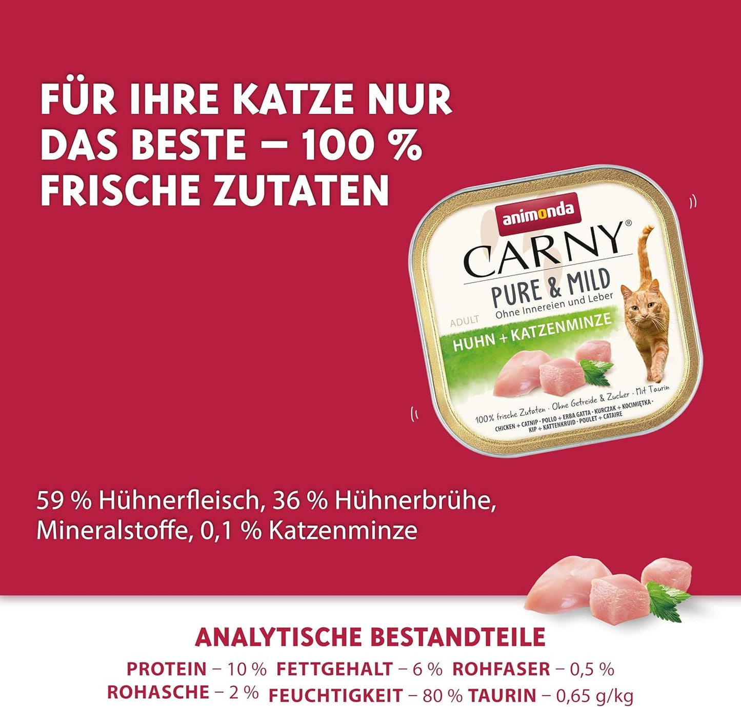 Adult Pure & Mild Nassfutter für Katzen mit Huhn und Katzenminze (32 x 100 g), für empfindliche Katzen, getreide- und zuckerfrei, leicht verdauliches Nassfutter mit Huhn