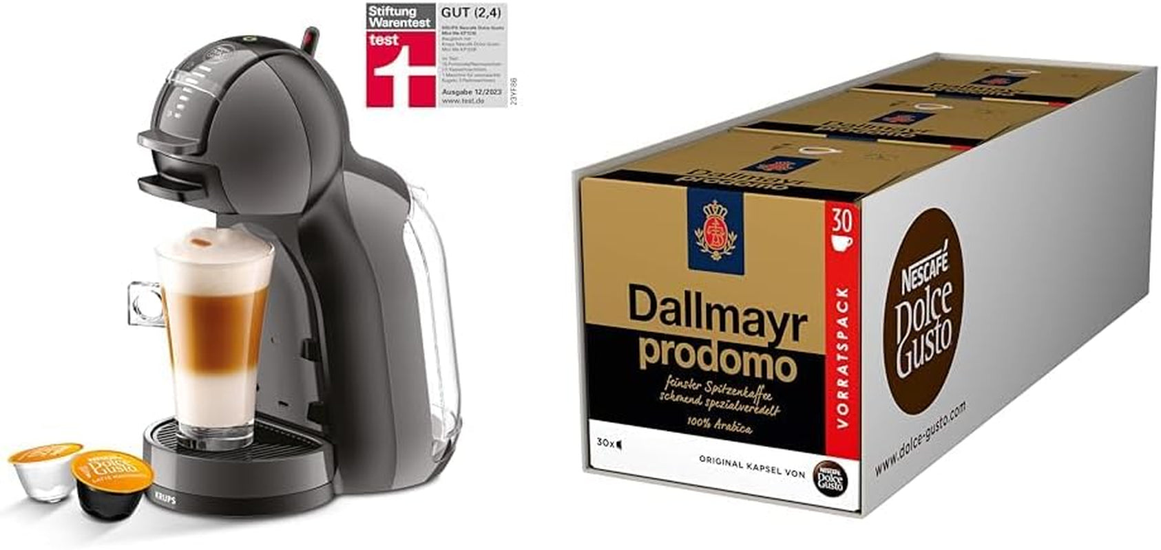 NESCAFÉ DOLCE GUSTO Krups KP1238 Mini Me Kaffeekapselmaschine, 15 Bar, kompakte Hochdruckkaffeemaschine, über 30 Kaffeekreationen, Getränkegröße wählbar, Schwarz/Anthrazit mit Dallmayr Prodomo
