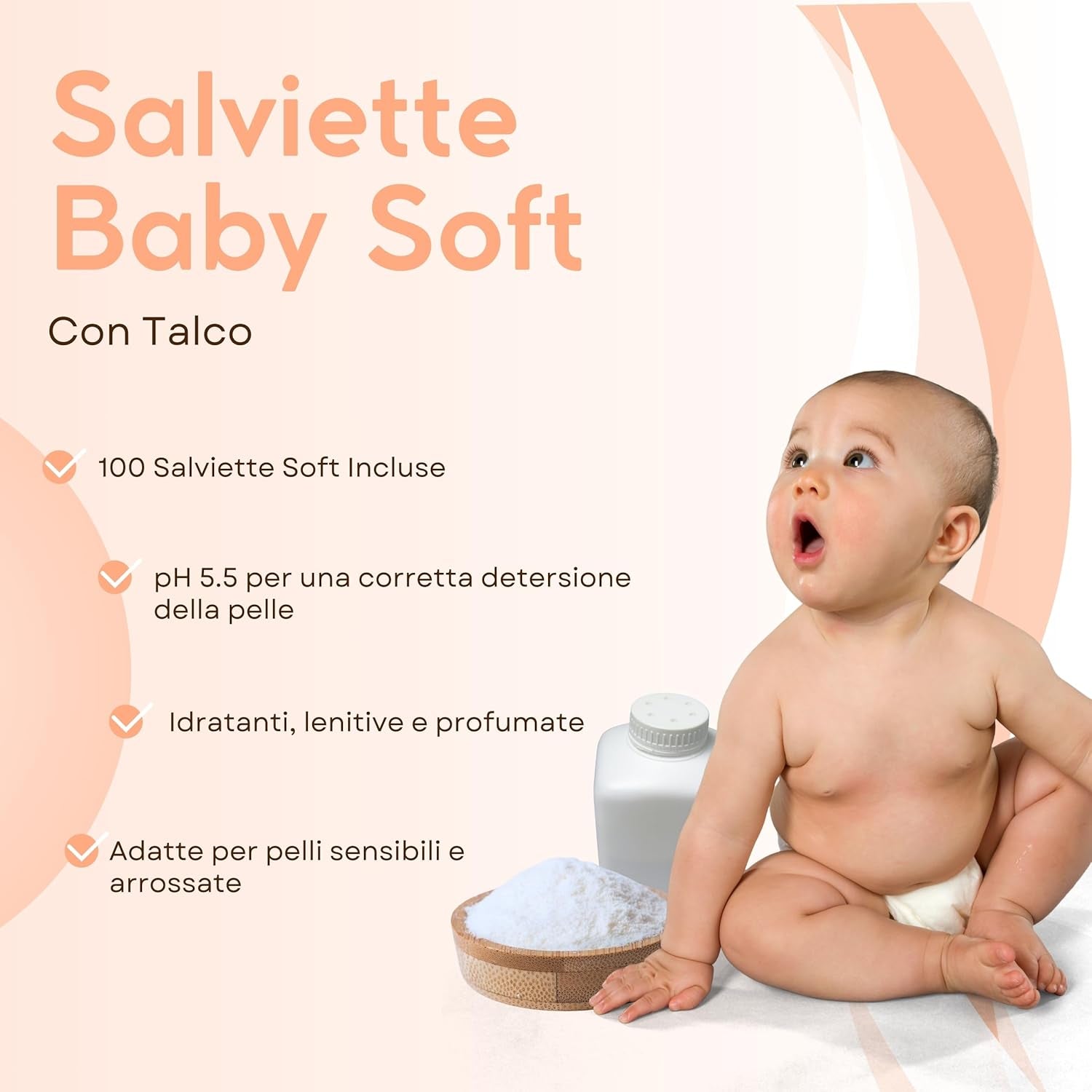 Baby-Feuchttücher mit Talkum für empfindliche Haut, alkoholfrei, hautfreundlich, pH-Wert 5,5, leicht parfümiert, 1200 Stück (12er-Pack)
