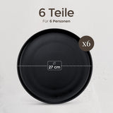 Steingut-Teller-Set für 6 – Mattschwarz. 6-teiliges Set, große, mikrowellengeeignete Teller, elegantes Design – Twinzee Ebony-Kollektion