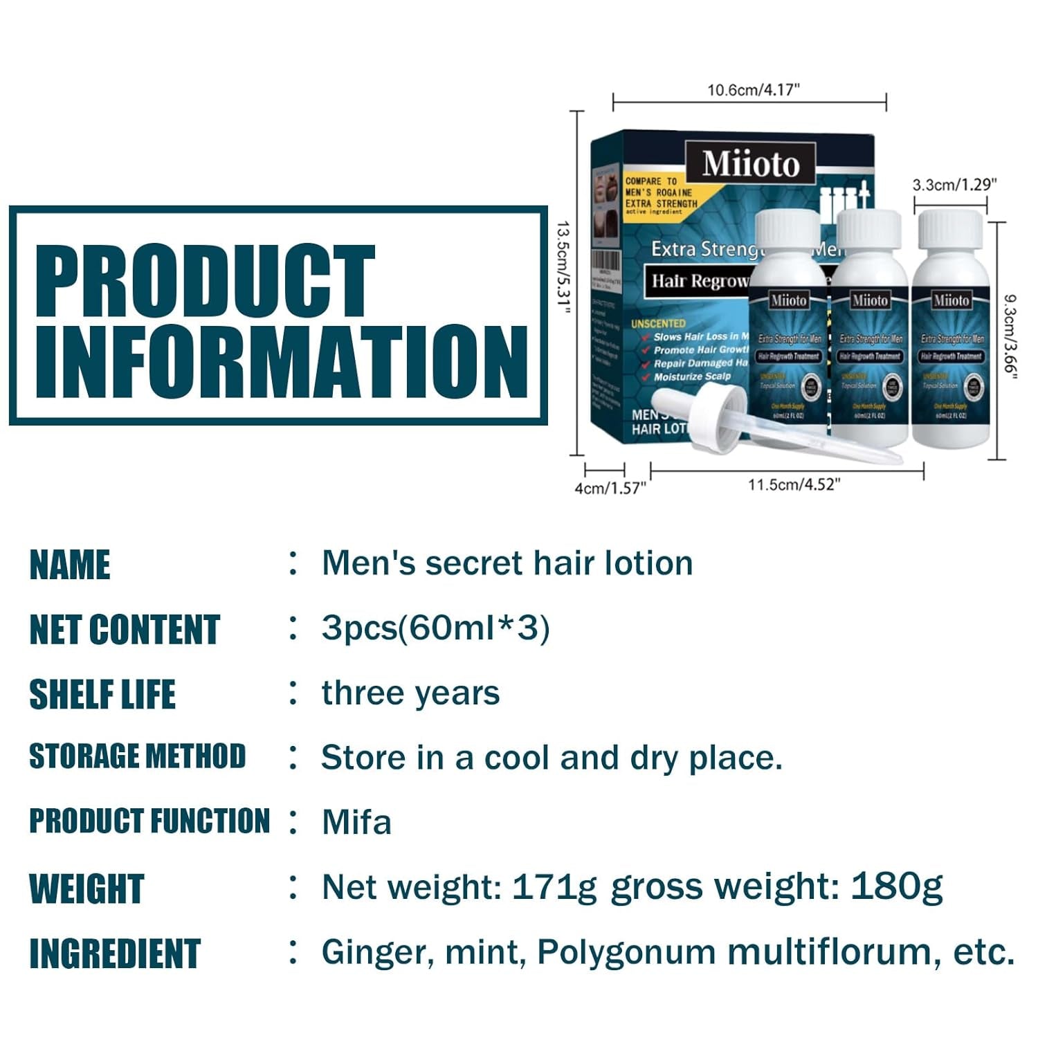Miioto Haarwachstumsserum für Männer, Haarwachstumsprodukt, Haarwachstum, Haarserum, Kopfhautpflege, fördert dickeres Haar, nährt die Kopfhaut, verhindert Haarausfall, 3 x 60 ml, Haarpflege, Naty Shop