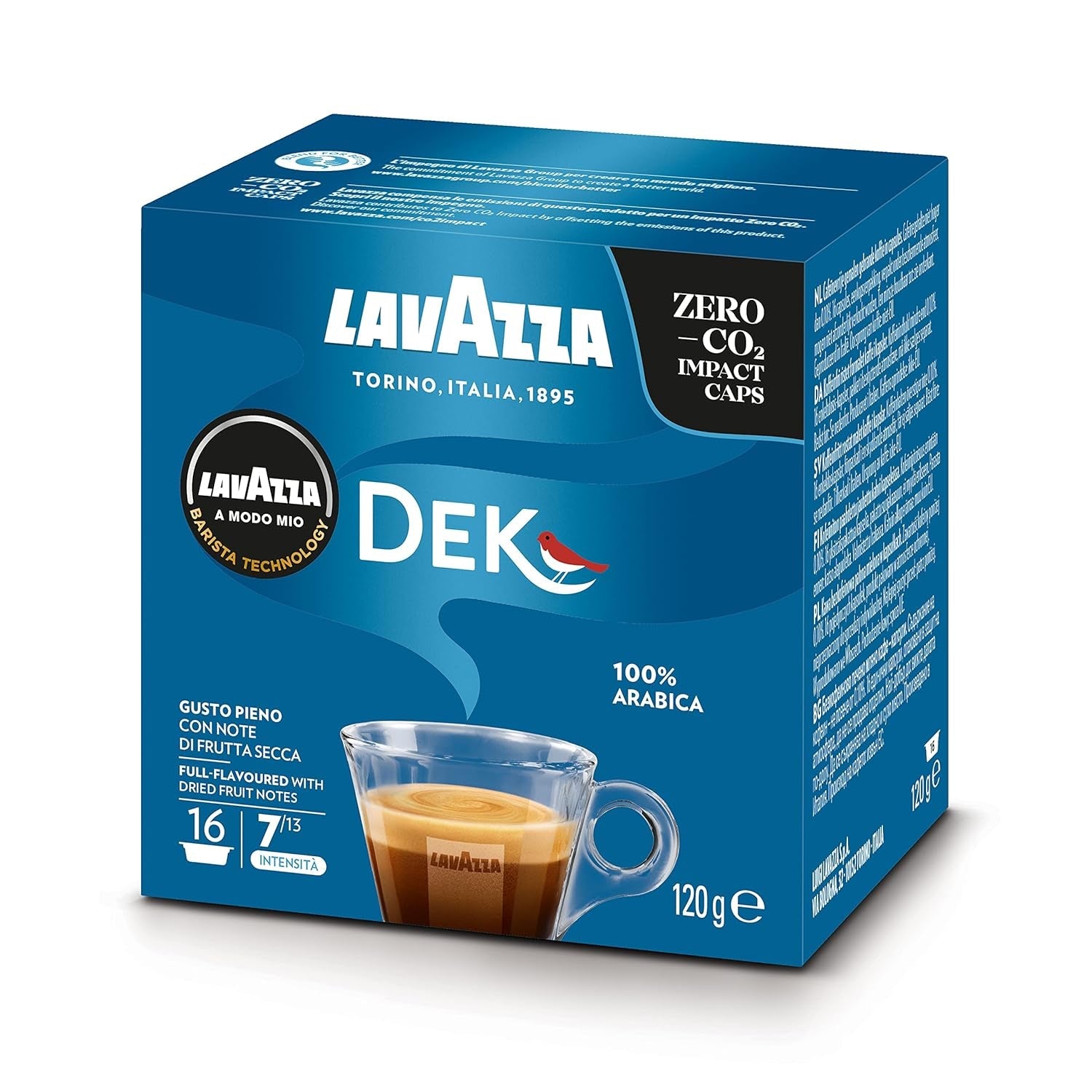 Lavazza A Modo Mio Dek Cremoso, 256 Kaffeekapseln, für entkoffeinierten Espresso mit aromatischen Noten von Mandeln und Candidis, 100 % Arabica, Intensität 7/13, mittlere Röstung, 16 Packungen