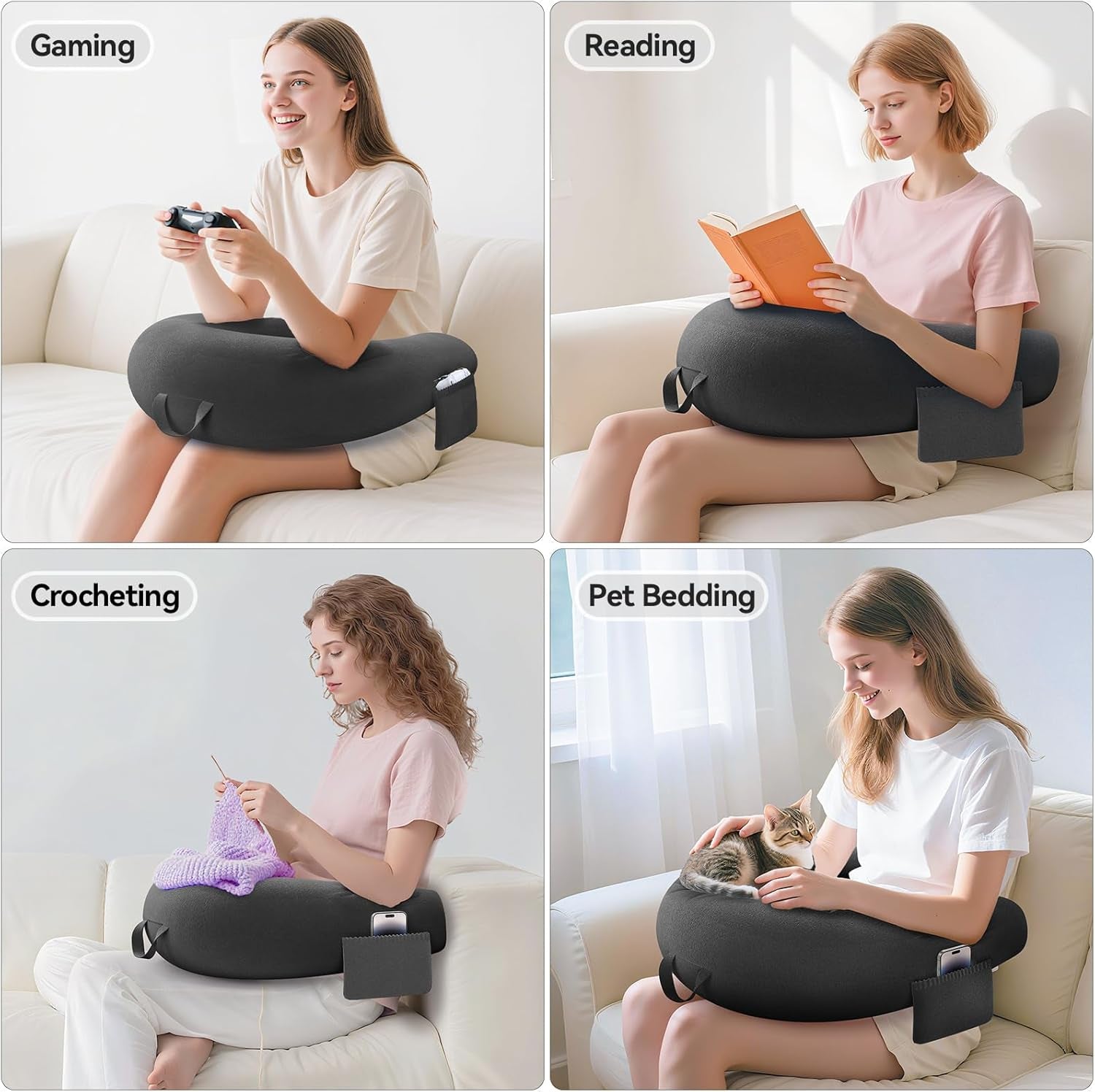 Gaming- und Lesekissen, Lesekissen für Bett/Couch/Boden, Füttern/Häkelkissen mit großem ergonomischem Gaming-Kissen, Gamer-Kissen für iPad/Laptop – Schwarz