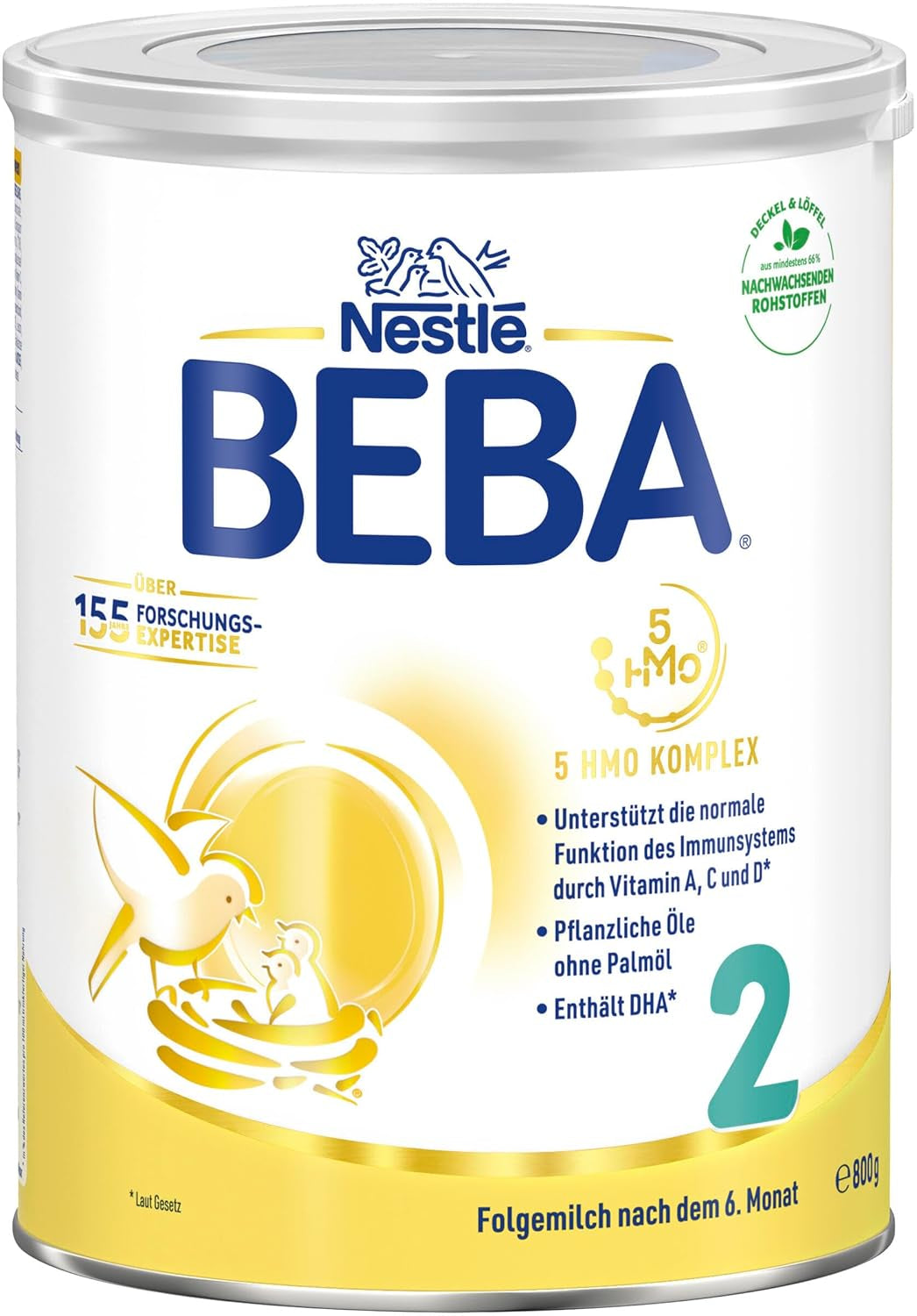 BEBA 2 - Folgemilch nach 6 Monaten, mit 5 HMO-Komplex, altersgerechter Proteingehalt, laktosefrei, palmölfrei, fischölfrei, Babynahrung, Babymilchpulver, 3er Pack (3 x 800g)