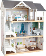 Small Foot 3-stöckiges Puppenhaus aus Holz mit offener Vorderseite und 12 Möbelstücken für Kinder ab 3 Jahren, 11802, Weißgrau