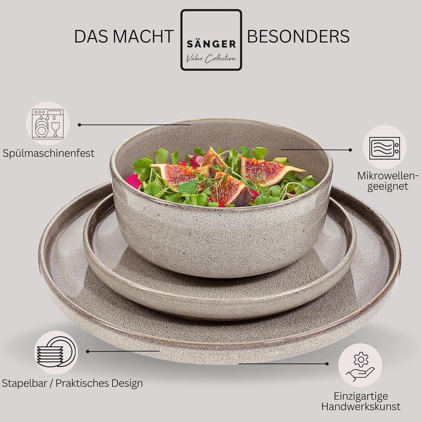 SÄNGER Cairo Clay | 24-teiliges Geschirrset, Steinzeug-Geschirrset für 6 Personen, 6 Teller, 6 Dessertteller, 6 Nudelschalen, 6 Servierschüsseln, graues Geschirrset | DIE VALUE-KOLLEKTION