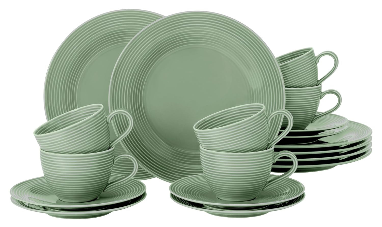 SELTMANN WEIDEN Kaffeeservice mit 18 Teilen BTR - Beat - Form: Rund mit geriffeltem Relief - moderner Stil - Salbeigrün - Farbglasur