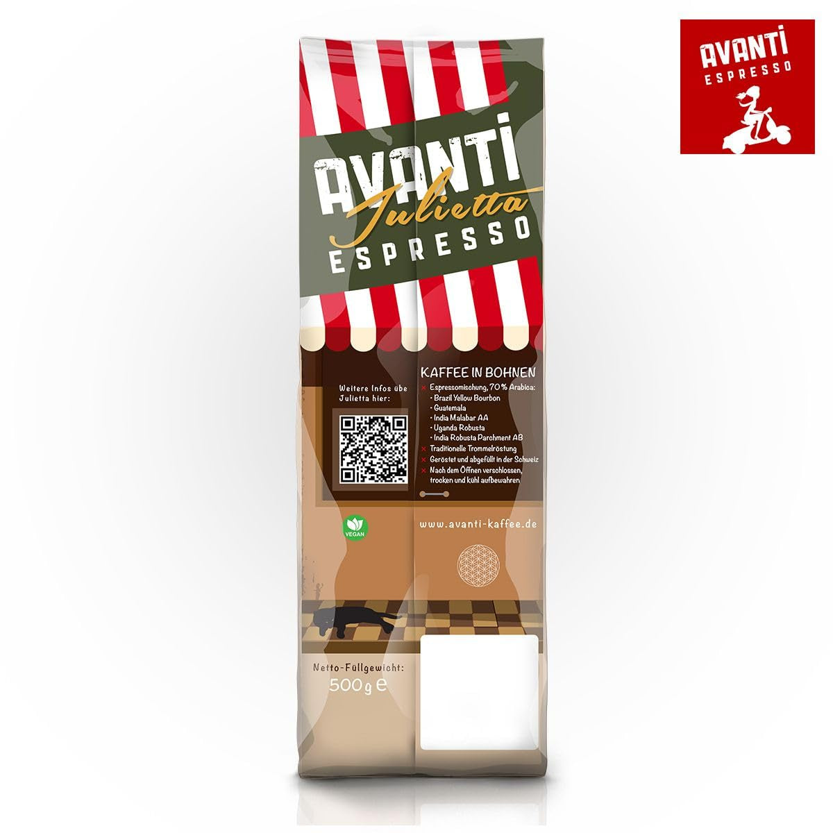 AVANTI Julietta Espresso-Kaffeebohnen, 500 g, 70 % Arabica 30 % Robusta, traditionelle Trommelröstung