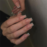 Lange French Tips Gold Glitzer Kleber auf langen quadratischen Nägeln Glitzer French Tip Falsche Nägel Set Quadratische künstliche Nägel für Frauen 24 Stück
