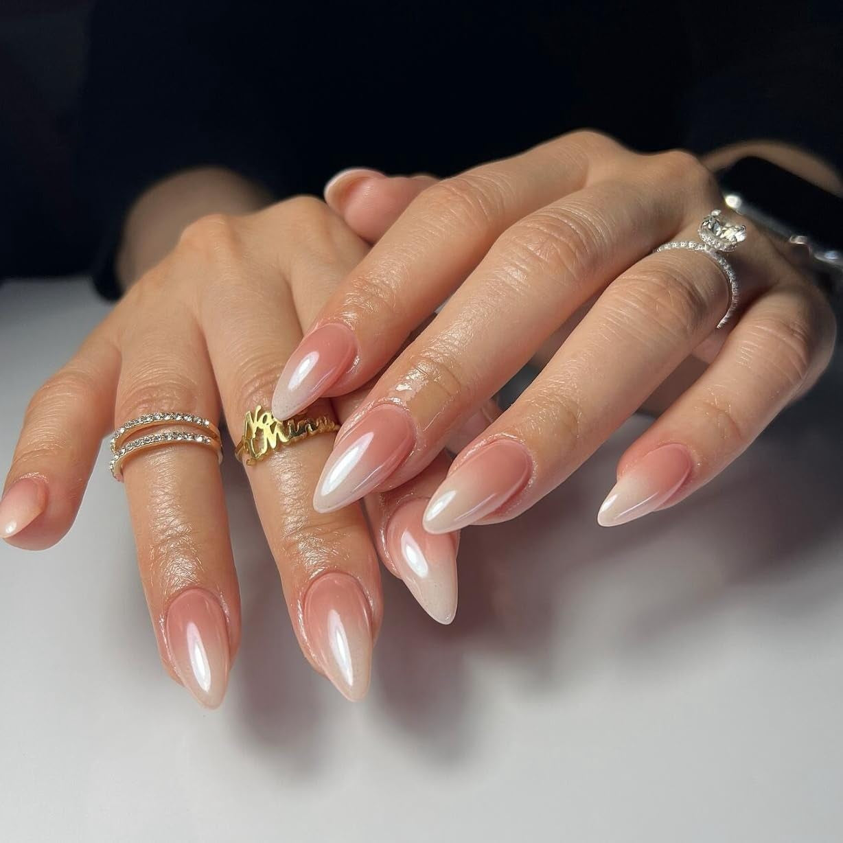 Selbstklebende Chromnägel – mittlerer mandelbrauner Glitzer, zum Aufkleben auf die Nägel, glitzernde künstliche Nägel, zum Aufkleben auf künstliche Nägel, glasierte Acrylnägel für Frauen, 24 Stück