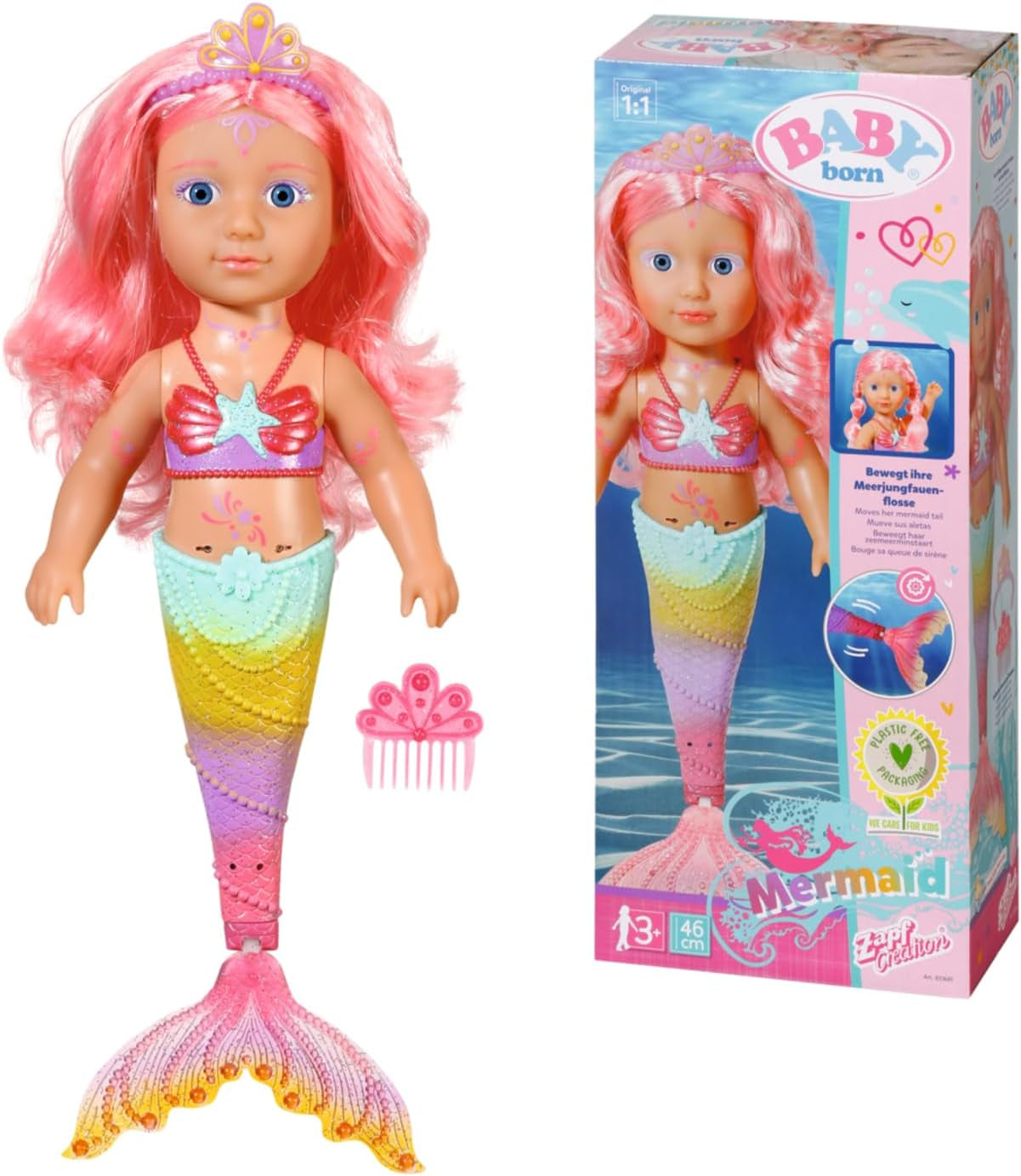 BABY Born Little Sister Mermaid 46 cm wasserdichte Meerjungfrauenpuppe mit langen Haaren und beweglicher Glitzerflosse, inkl. Tiara und Kamm, 833681 Zapf Creation Puppen Naty Shop Single