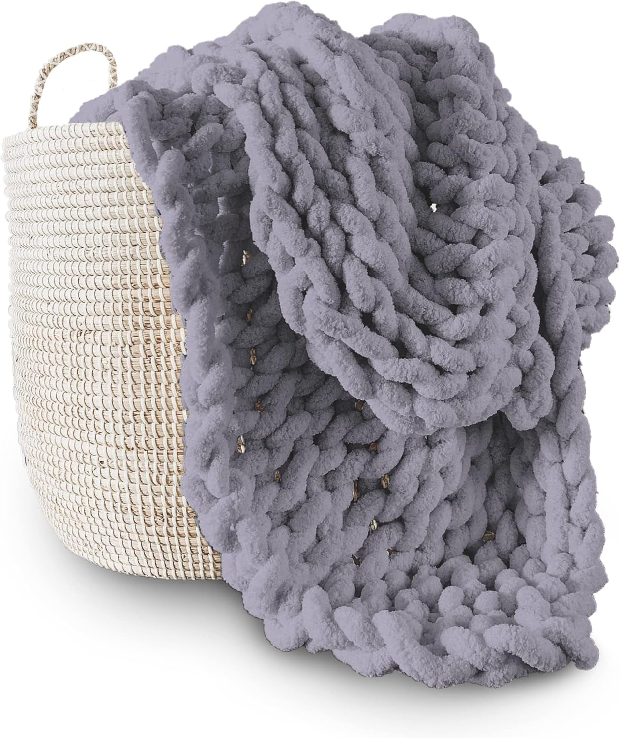 Grob gestrickte Decke, Überwurf, 100 % handgestrickt mit Jumbo-Chenille-Garn (127 x 152,4 cm, Fliedergrau) Adyrescia Betten und Bettdecken, Grau, 127 x 152 cm