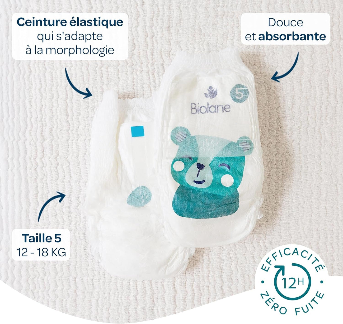 BIOLANE – Kurze Windeln – Größe 5 (12–18 kg) – 12 Stunden Dichtigkeit – 1 Monatspackung – 120 Windeln – ökologisch