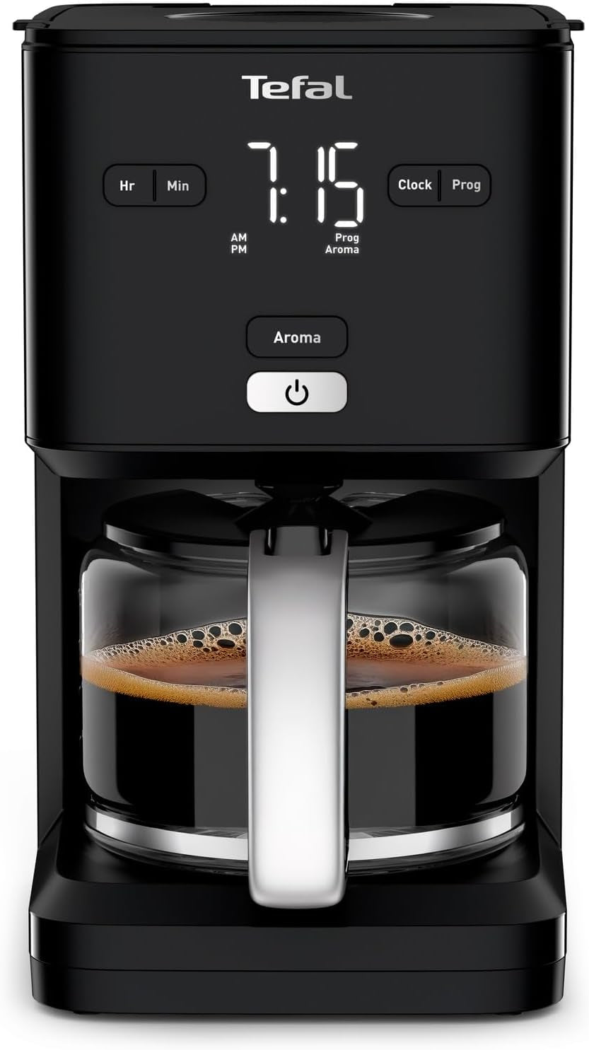 Tefal Smart'n Light Espressomaschine mit Timer, Espressomaschine mit programmierbarem Filter 1,25 l, Aromafunktion für intensives Aroma, Warmhaltefunktion, Anti-Tropf und leicht zu reinigen, Schwarz