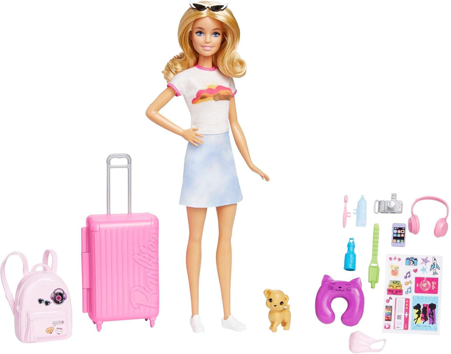 Barbie-Puppe, Reise-Barbie mit blonden Haaren, 10+ Reisezubehör, Aufkleber, Koffer, Welpe, inklusive 1 Puppe, Kindergeschenk, Spielzeug ab 3 Jahren, HJY18