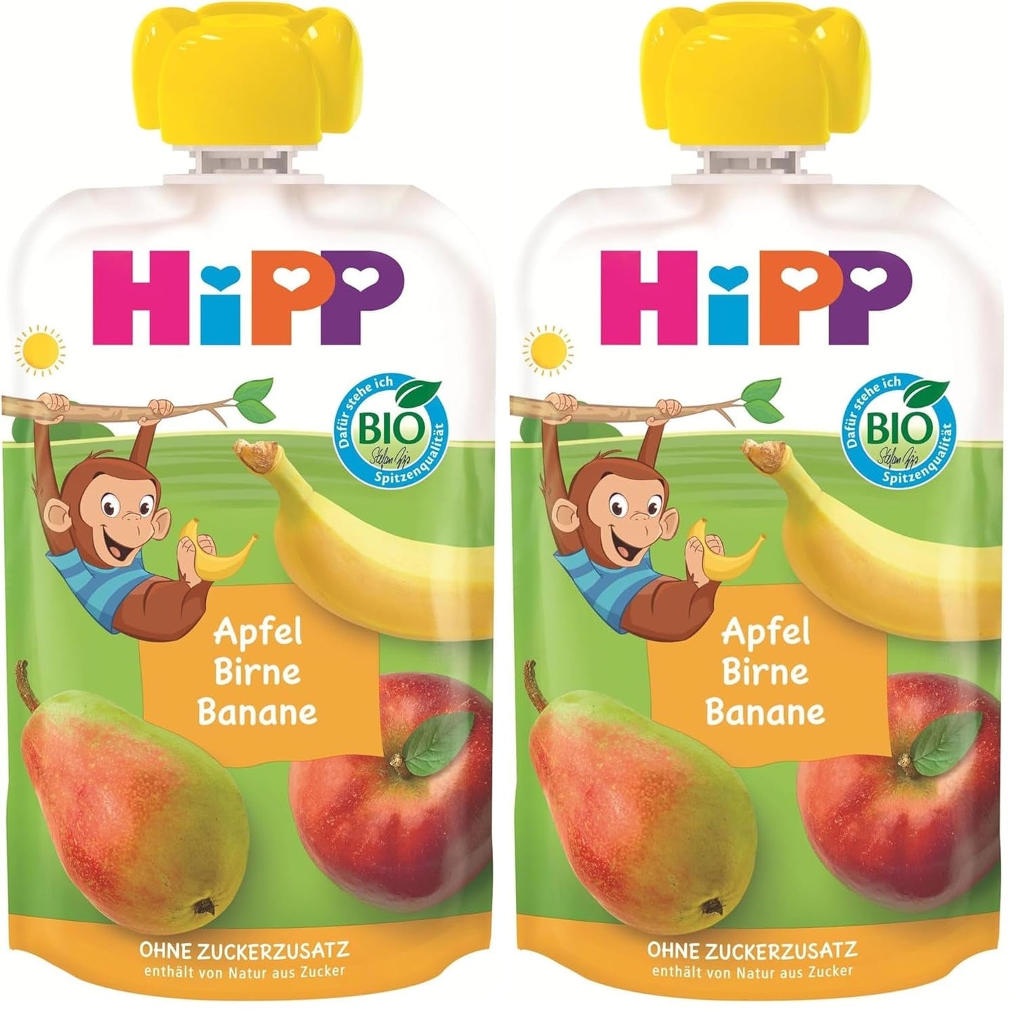 HiPP Bio-Fruchtbeutel, quetschbar, Apfel, Birne, Banane – Anton Maimuta (8 x 100 g), ab 1 Jahr, 100 % Fruchtpüree, ohne Zuckerzusatz, vegan, beste Bio-Qualität (2er-Pack)