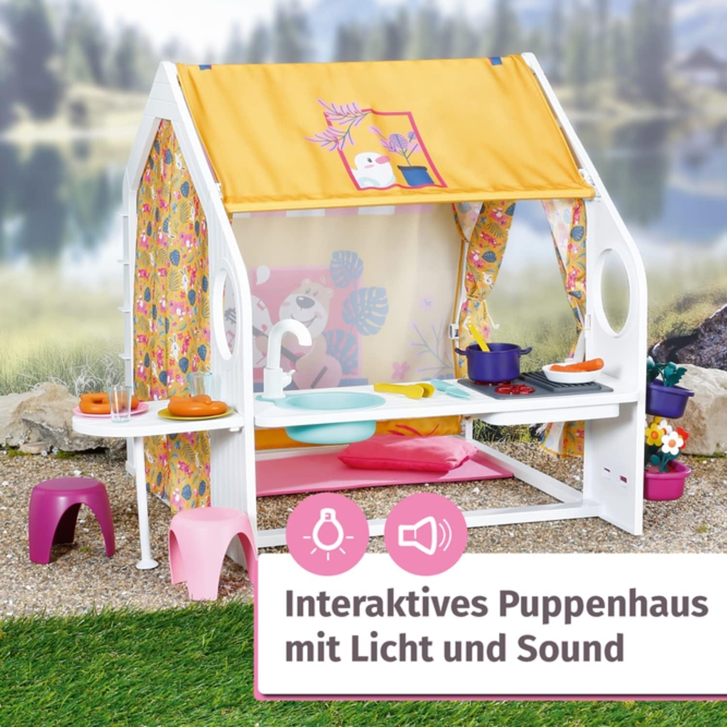 BABY born Puppenhaus, Wochenendhaus mit Licht- und Soundfunktion, aufklappbaren Seitenwänden, Spüle, Grill und viel Zubehör, 832752, Zapf Creation
