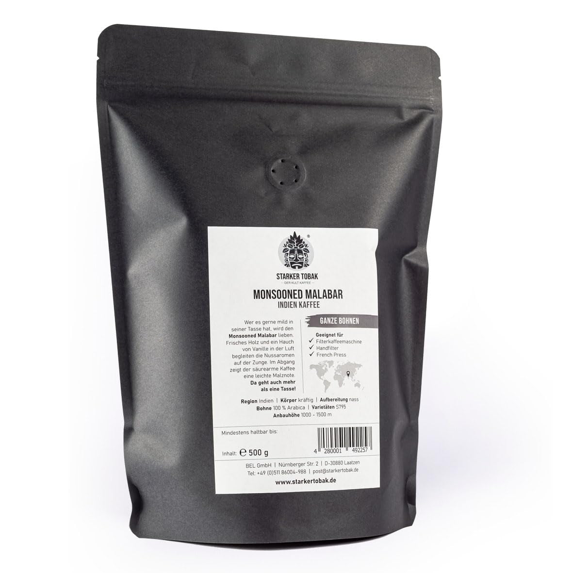 STARKER TOBAK Monsooned Malabar-Kaffee, ganze Bohne, handgeröstet – mittlere Röstung, Indien, 100 % Arabica, geeignet für Filterkaffee, French Press, Kaffeevollautomaten, schonend für den Magen – extra niedriger Säuregehalt