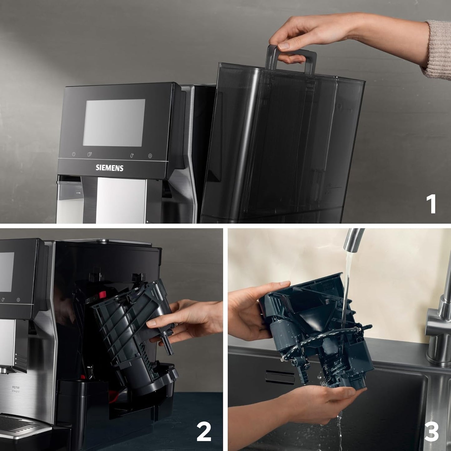Siemens EQ700 Espressovollautomat, großer Farb-TFT-Bildschirm, 36 Heiß- und Kaltgetränke, Kaltbrühen, 2-Tassen-Funktion, App-Steuerung, automatisches Reinigungssystem, schwarzer Edelstahl, TQ717D03