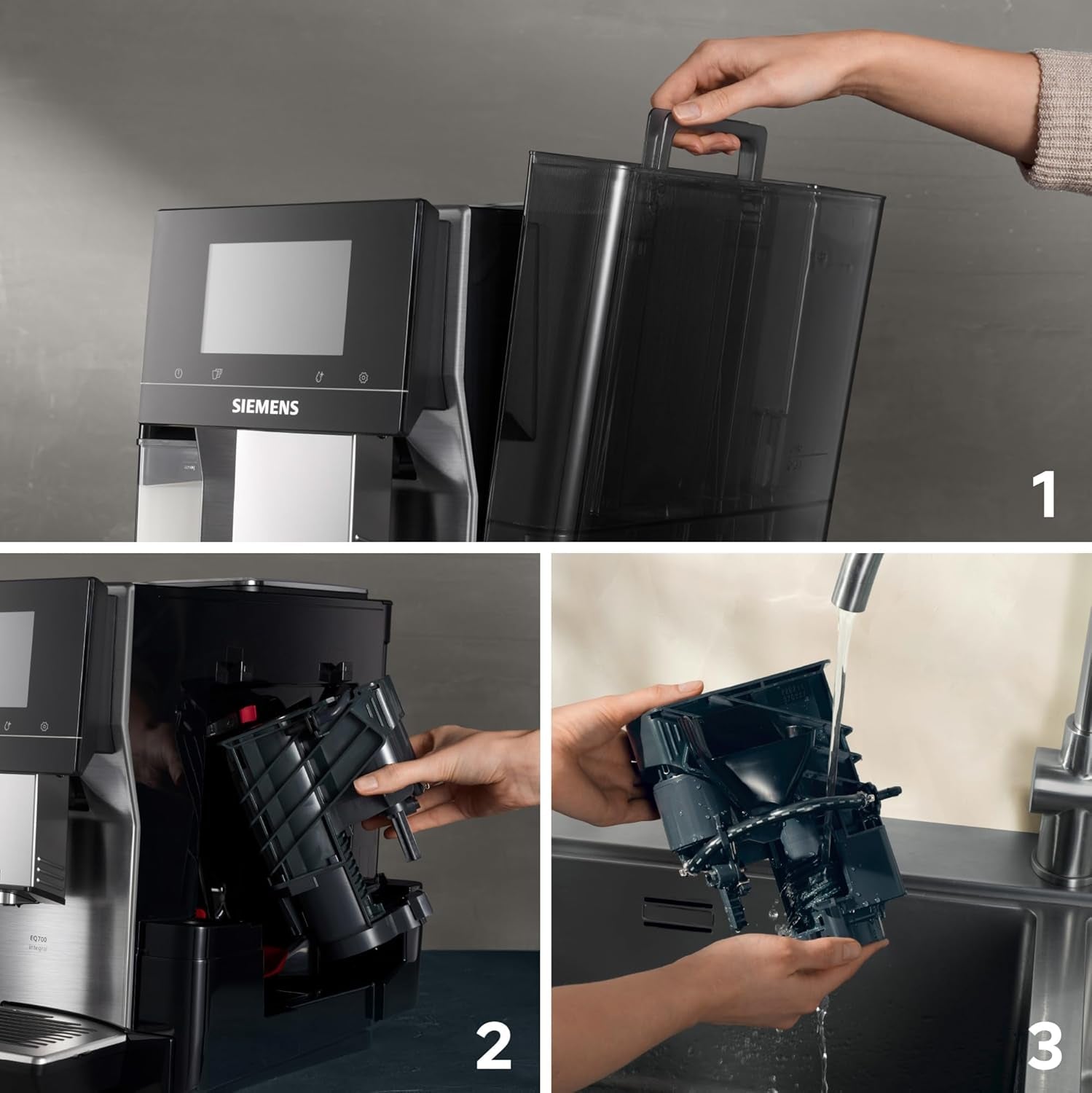 Siemens EQ700 Espressovollautomat, großer Farb-TFT-Bildschirm, 36 Heiß- und Kaltgetränke, Kaltbrühen, 2-Tassen-Funktion, App-Steuerung, automatisches Reinigungssystem, schwarzer Edelstahl, TQ717D03