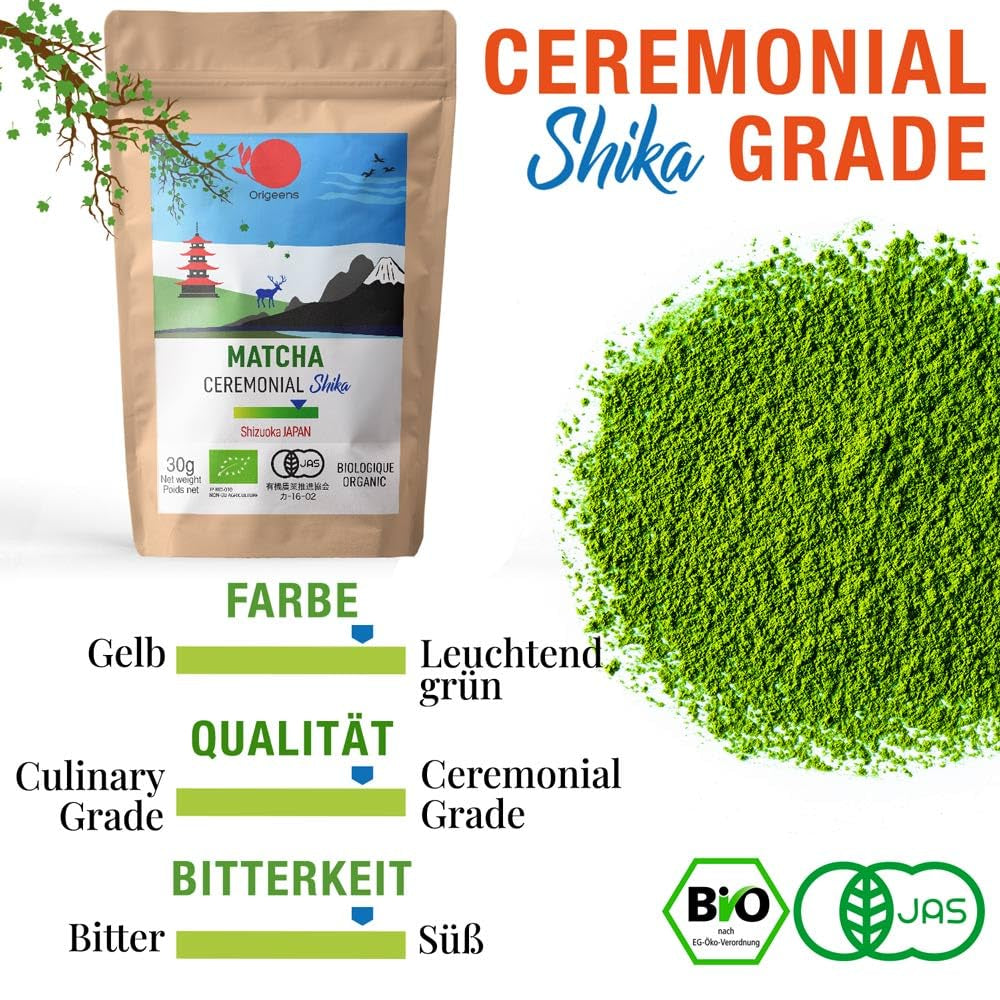 ORIGEENS BIO MATCHA CEREMONIAL GRADE „SHIKA“ – Japanischer Bio-Tee aus Shizuoka – Matcha Latte/Usucha – 30 g Nachfüllbeutel – Bio-Matcha-Grüntee-Pulver in Zeremonienqualität