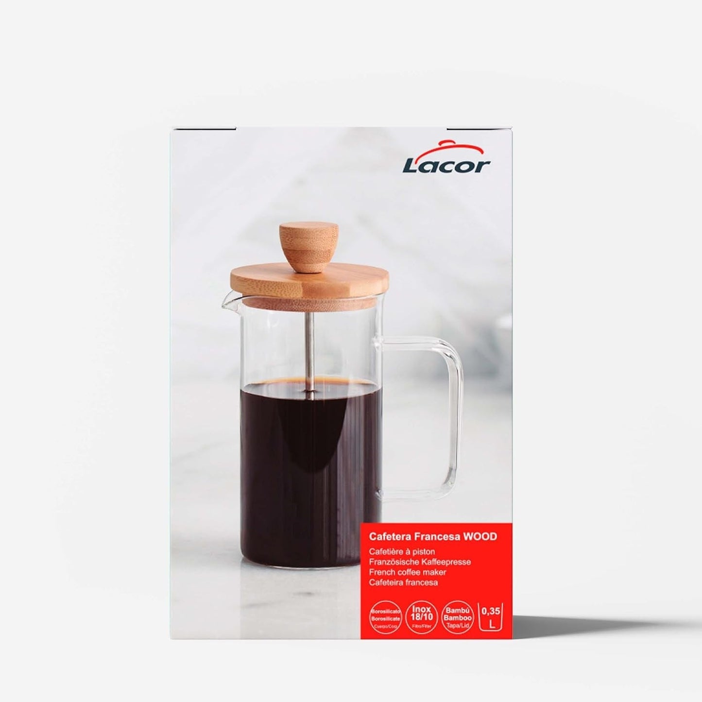Französische Kaffeemaschine, Kaffeepresse, Kolbenkaffeemaschine, französische Filterkaffeekanne, 3 Tassen, 0,35 l, Stahl und Holz
