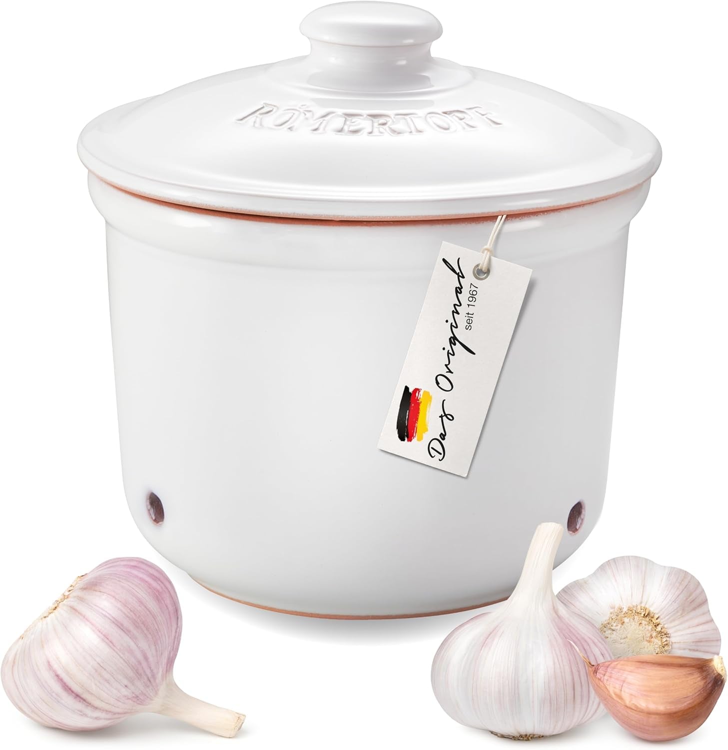 Römertopf Fresh Pot MINI 0,6 Liter – Knoblauchtopf aus Keramik – Atmungsaktiver Ton hält Gemüse länger frisch – Ideale Luftzirkulation – Weiß Frischhaltedosen Naty Shop Standardtitel