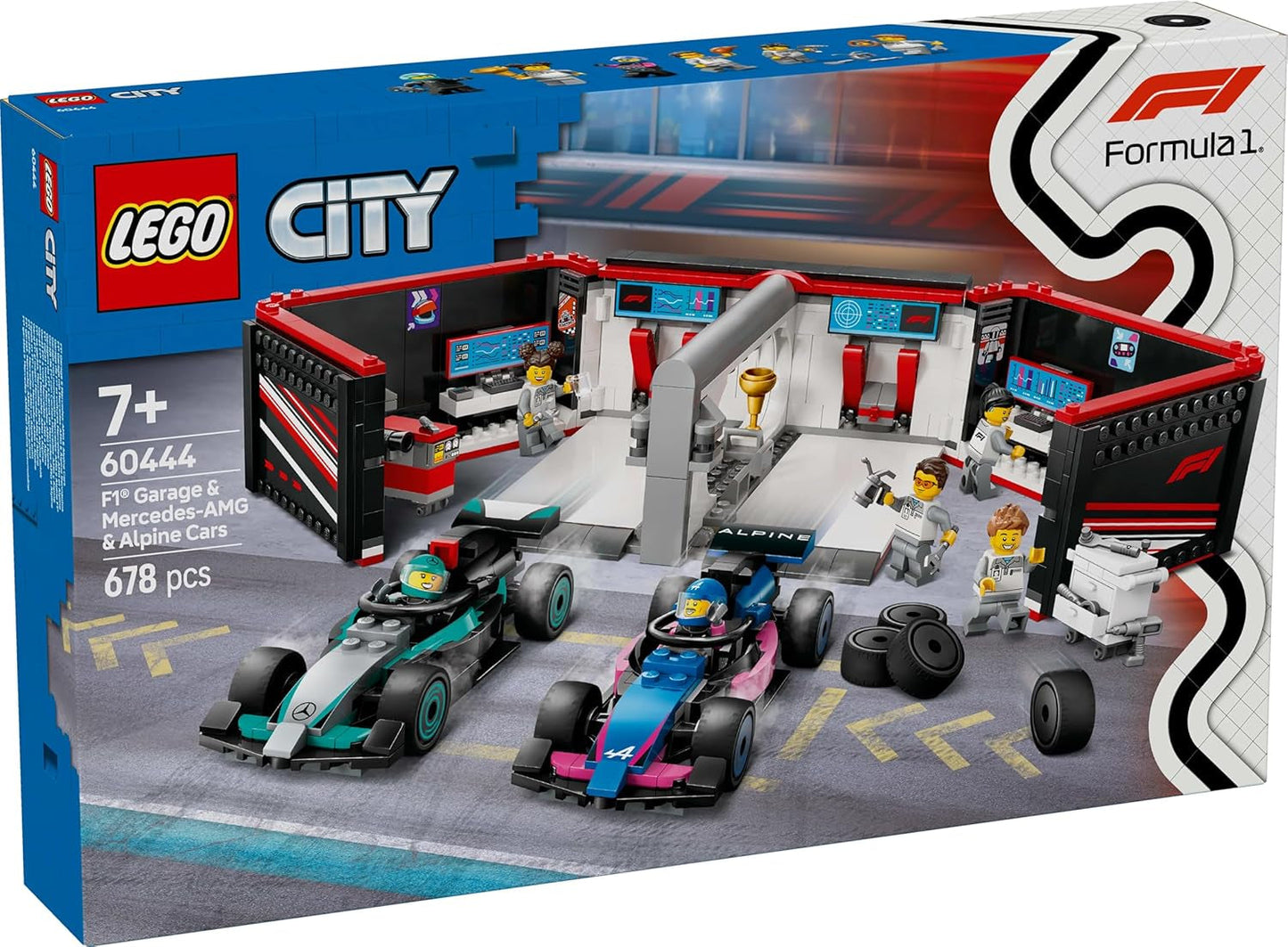 LEGO City F1-Garage mit Mercedes-AMG- und Alpine-Rennwagen – Formel-1-Rennwagen mit 2 Fahrern und 4 mechanischen Minifiguren – Geschenk für Jungen und Mädchen ab 7 Jahren und Fans 60444 Besuche den LEGO-Store Bausets