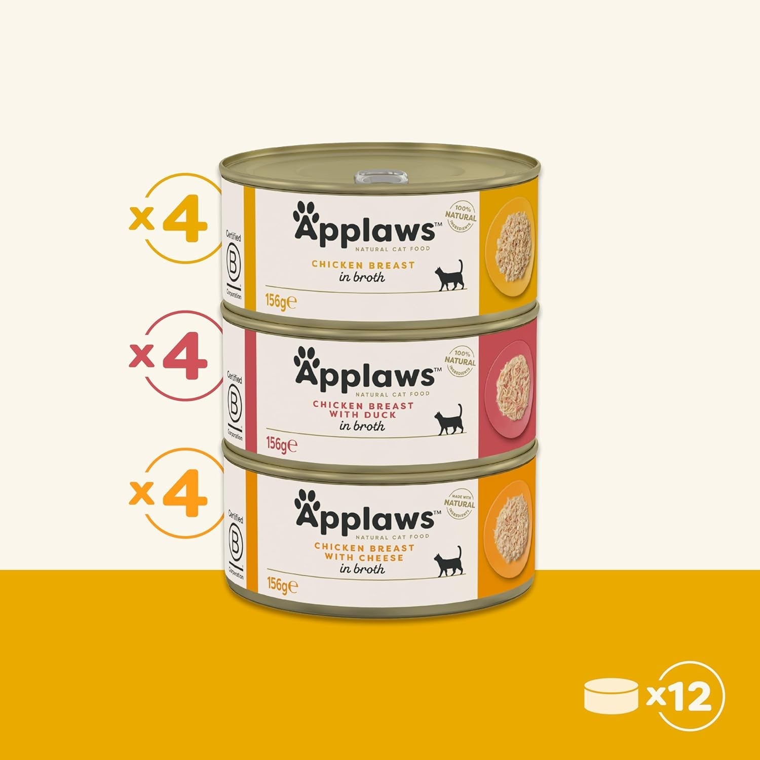 Applaws 100 % natürliches Premium-Nassfutter für Katzen, Huhn in Brühe, Multipack – 12 Dosen x 156 g Packung