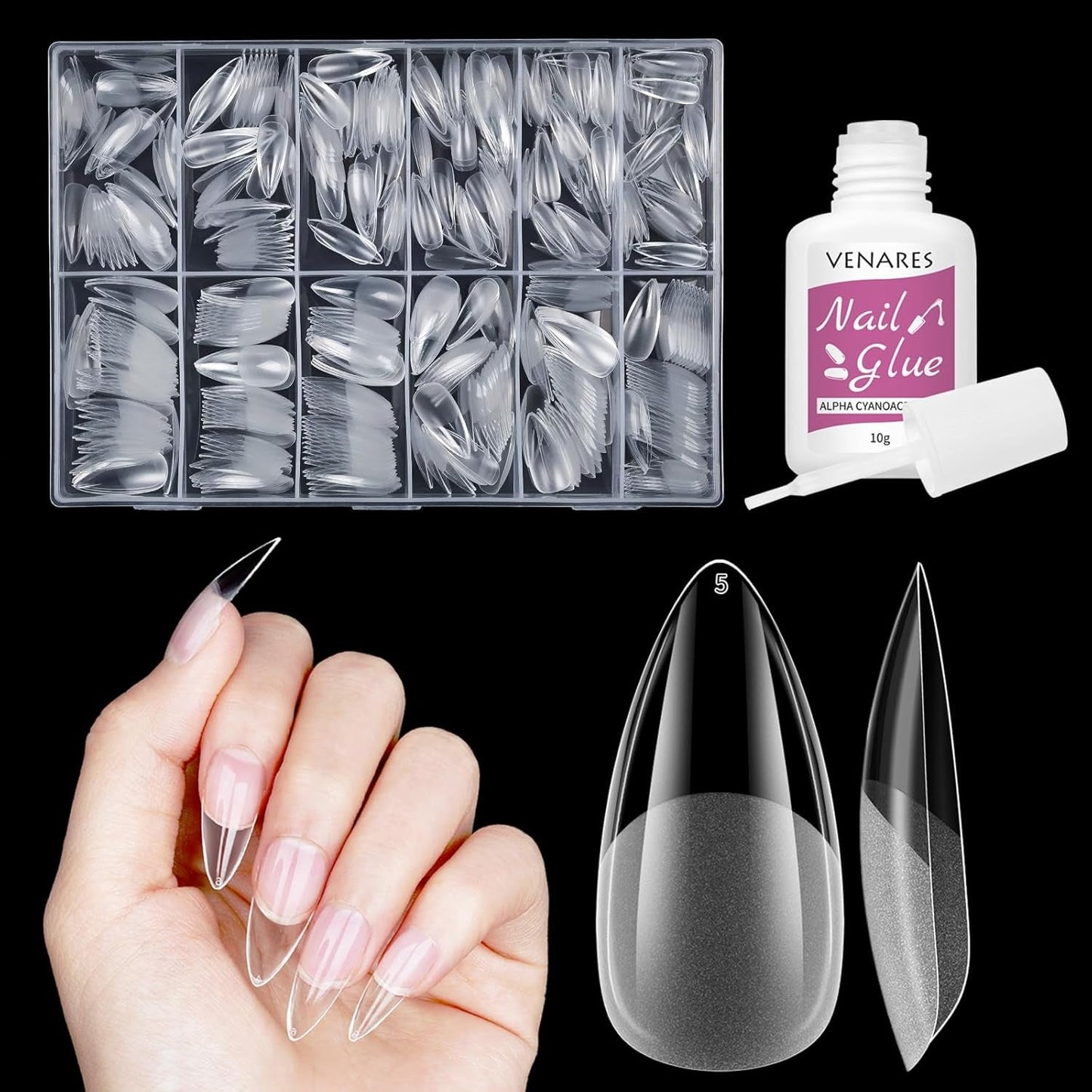 Kurze künstliche Nägel, Ballerina, 500 Stück, zum Aufkleben, 12 Größen, künstliche Nägel, kurze, weiche Gel-Nagelspitzen mit vollständiger Abdeckung für Gelnägel, kurz S