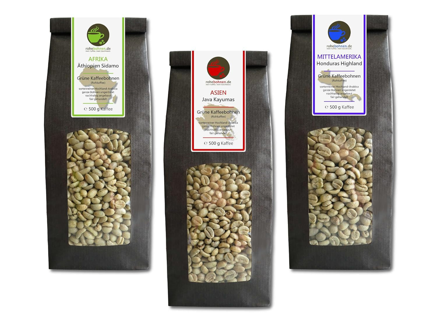 Rohkaffee – Bio-Rohkaffee aus Äthiopien, Java, Honduras (reduzierte Packung grüne Kaffeebohnen 3x500 g) – GMP-zertifiziert