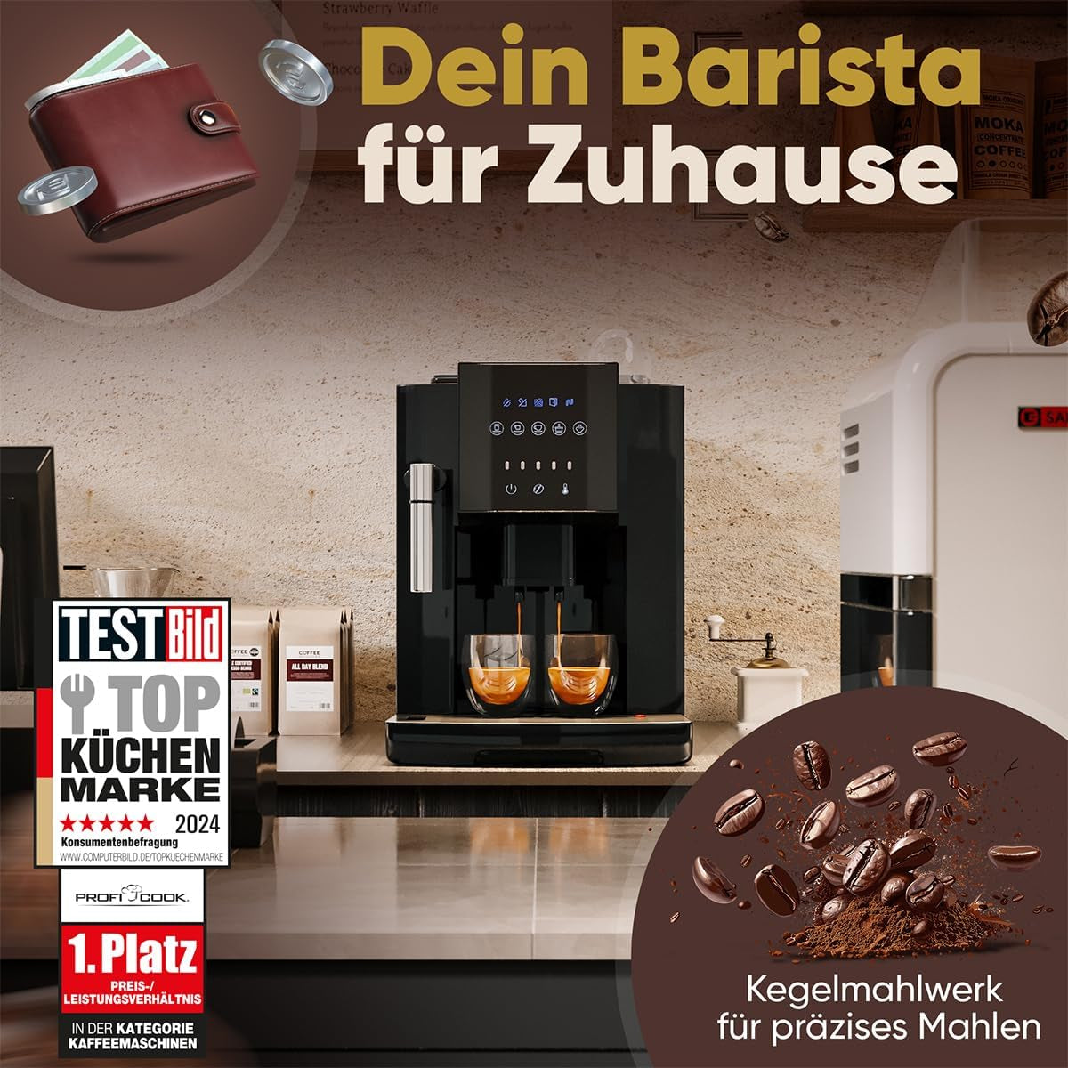 Vollautomatische ProfiCook® Espressomaschine mit Milchaufschäumer für Cappuccino | Kegelmahlwerk | mit Tassenwärmfunktion | Italienische Profipumpe | Touchscreen | Espresso | PC KAV 1281