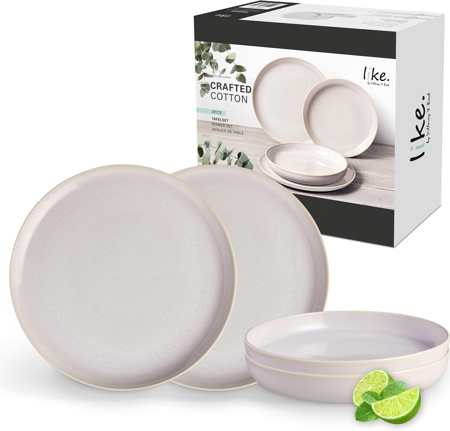 wie. by Villeroy & Boch – Crafted Cotton Dinner-Set 4 teilig Weiß, Spülmaschinenfest, Mikrowellensicher, Geschirrset, Tafelservice Modern, Speiseteller, Tiefe Teller, Pottery-Look, Premium Porzellan