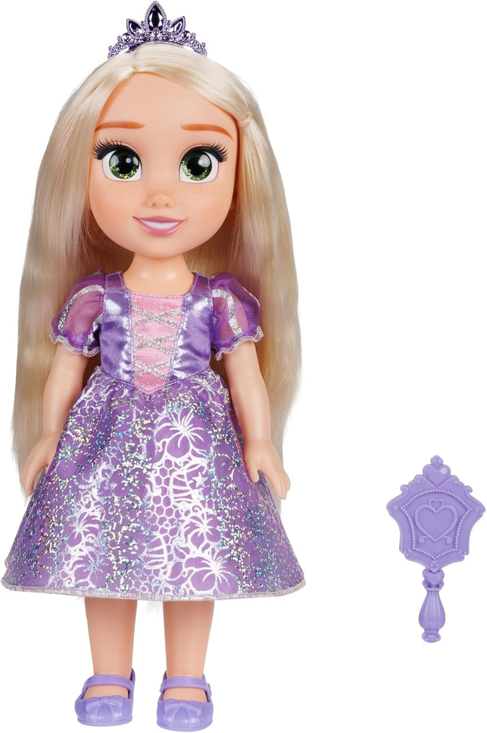 Disney Princess Rapunzel 35 cm große Puppe, reflektierende Glitzeraugen, bewegliche Gelenke, abnehmbares Kleid, Schuhe, Krone, langes blondes Haar, für Mädchen ab 3 Jahren