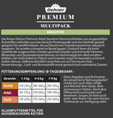 Dehner Premium Katzenfutter Sensitive Multipack, Nassfutter, für ernährungsempfindliche Katzen, je 4 x Huhn / Rind / Pute, 12 x 100 g Beutel (1,2 kg)