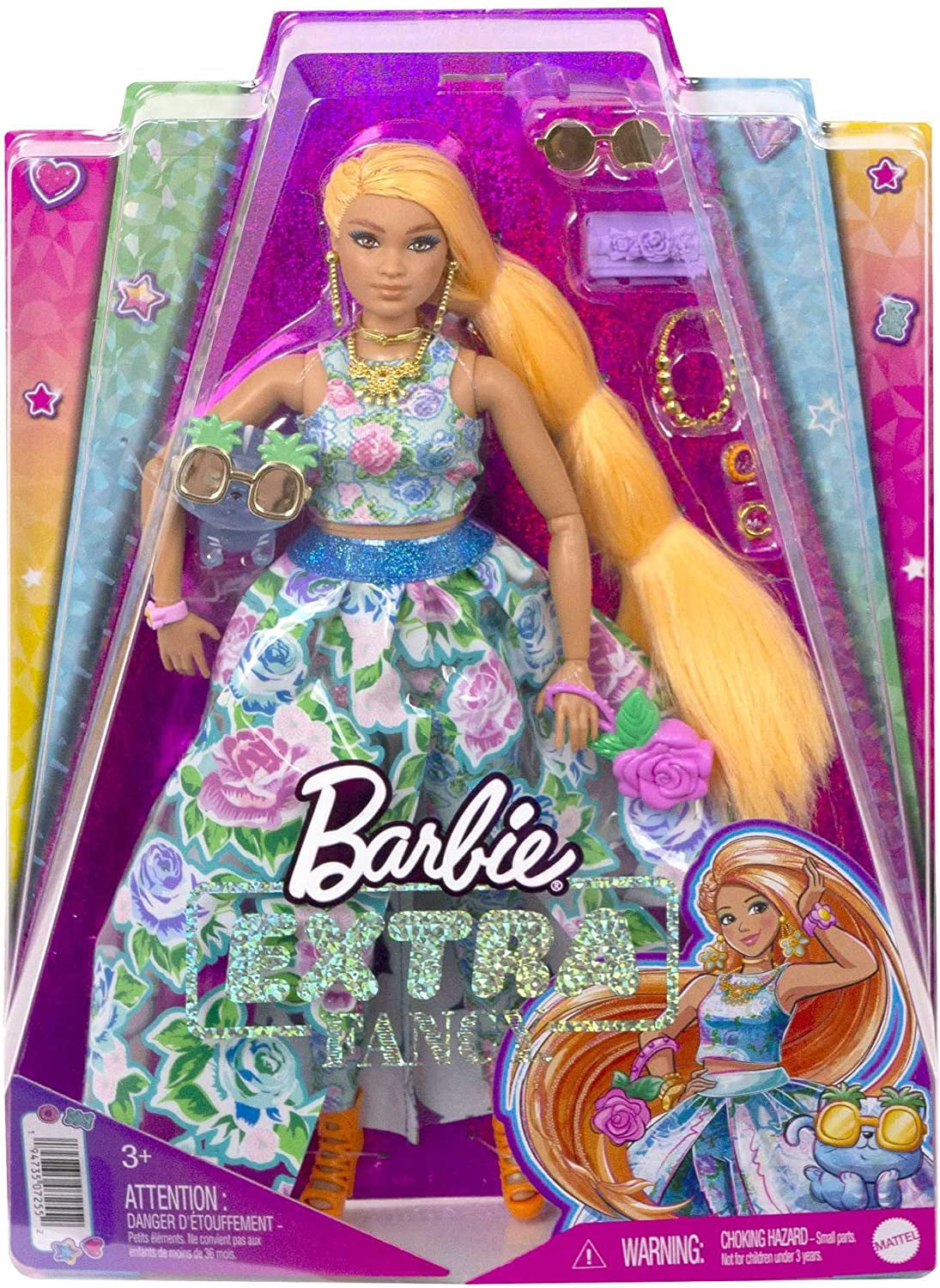 Barbie Extra Fancy, kurviges langes erdbeerblondes Haar, zweiteiliger Anzug, blaue Katze, rosa Tasche, Ananas-Sonnenbrille inklusive Puppe, geeignet als Geschenk, Hhn14 Naty Shop-Puppen