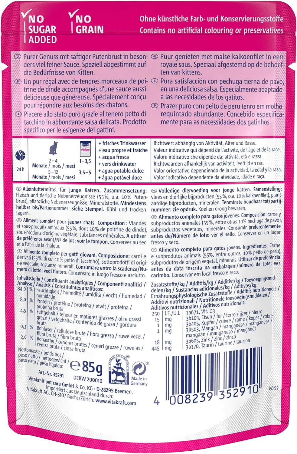 Vitakraft Poésie Délice, Junior, Nassfutter für Katzen, Nassfutter in Soße, mit Truthahn, Multipack, für junge Katzen, Ohne Zucker- oder Getreidezusatz (23 x 85g)