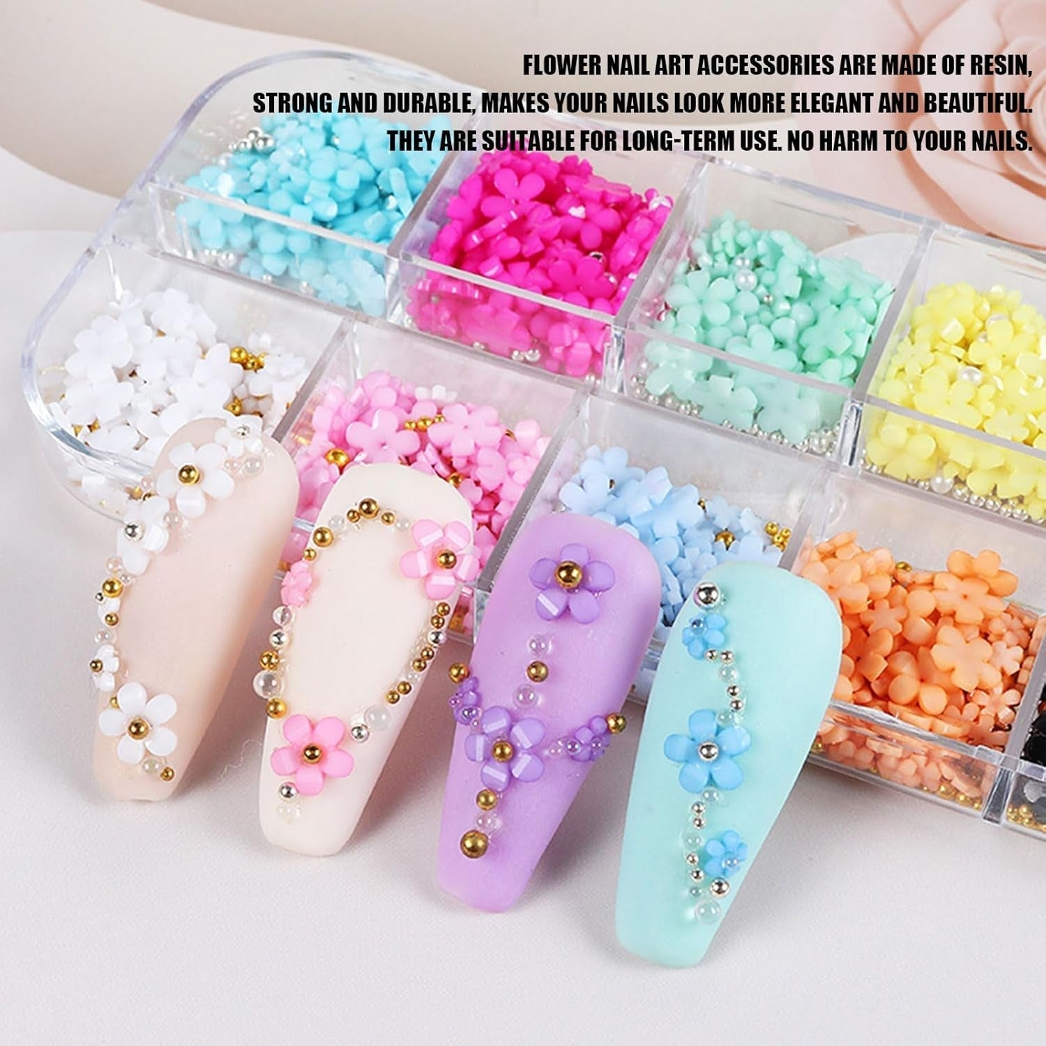 3D-Blumen-Nagel-Charms, 12 Gitter, Acrylharz-Blume und Gold-Silber-Perlen, Nagelsteine, Blumen-Gel-Nägel, Blumen-Nageldekorationen für Frauen und Mädchen, DIY-Maniküre-Zubehör