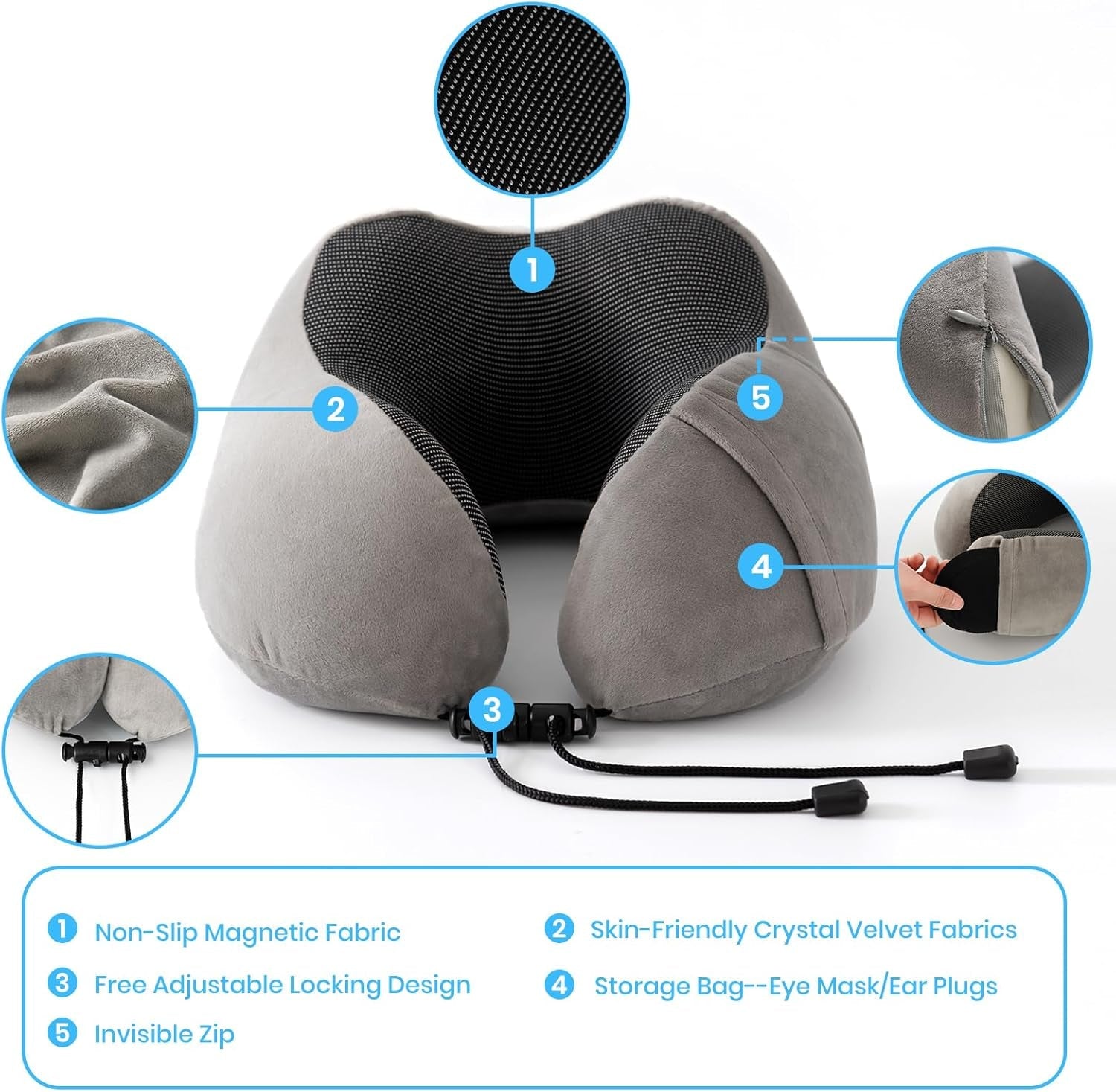 Nackenkissen, Flugzeug-Nackenkissen, Reisekissen, Erwachsenen-Nackenkissen, Auto-Nackenkissen, Heimkissen, ergonomisches Memory-Schaum-Kissen, waschbar, schmaler Rücken, verstellbar, Grau