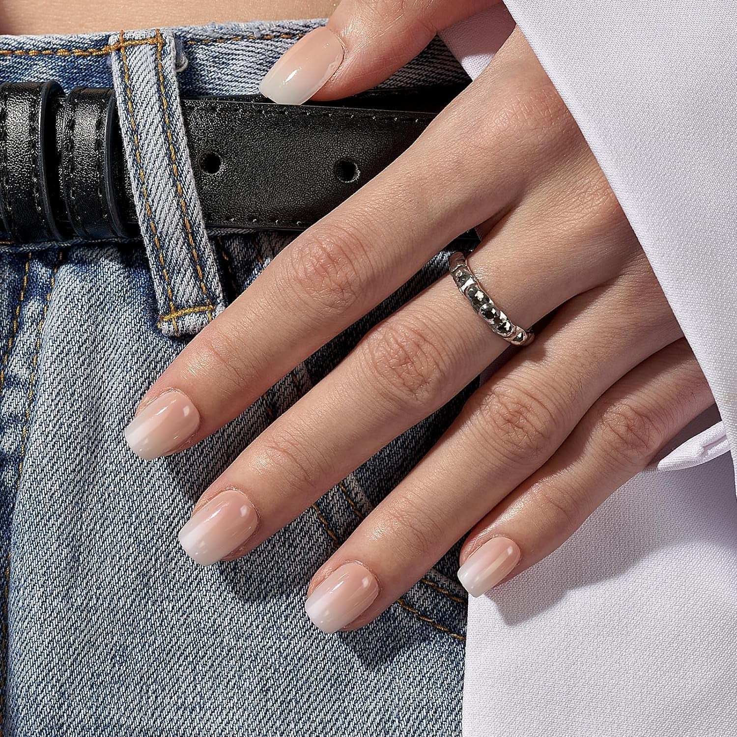 Btartbox Kurze quadratische künstliche Nägel, Babyboomer, zum Aufkleben, weiß, Farbverlauf, rosa, künstliche Nägel, kurze künstliche Nägel mit Nagelkleber, 30 Stück, quadratische künstliche Nägel