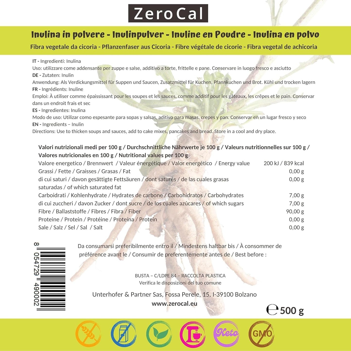 Zerocal - Inulinpulver aus Chicorée-Wurzel 500 G | Inulin mit hohem Ballaststoffgehalt | 100 % vegan und glutenfrei | Herkunft Deutschland Süßstoffe Naty Shop