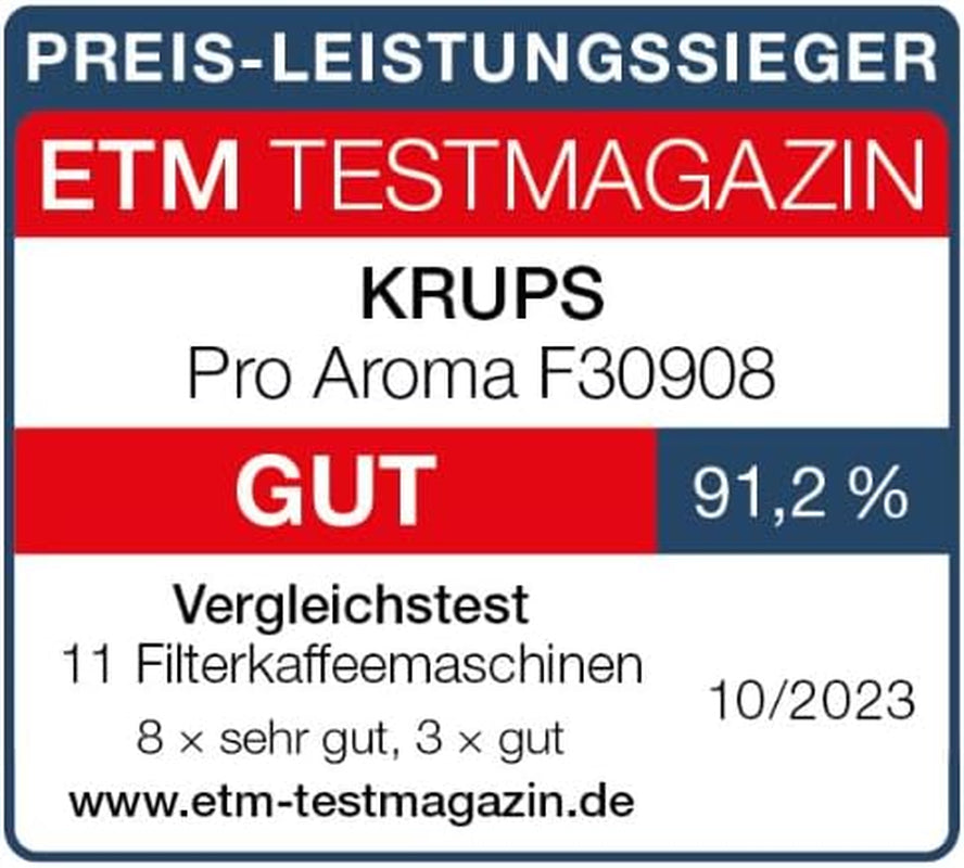 Krups F30908 ProAroma Espressomaschine mit Filter und Glaskaraffe, Fassungsvermögen 1,25 l, 10-15 Tassen, 1050 W, schwarz