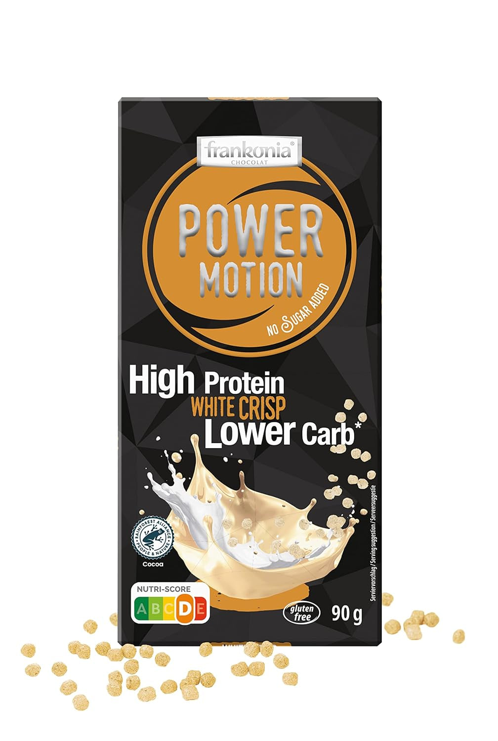 frankonia CHOCOLAT POWER MOTION ohne Zuckerzusatz – Knusprige weiße Schokolade mit hohem Protein- und niedrigem Kohlenhydratanteil, 90 g