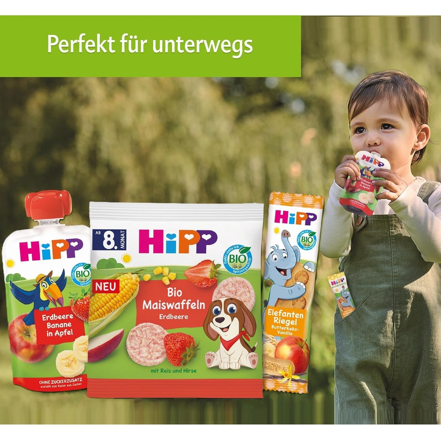 HiPP Quetschbeutel mit Bio-Pfirsichen und Bananen in Tüten mit Äpfeln und Keksen – Felix der Faule (8 x 100g), ab 1 Jahr, Früchte mit Getreide, ohne Zuckerzusatz, beste Bio-Qualität