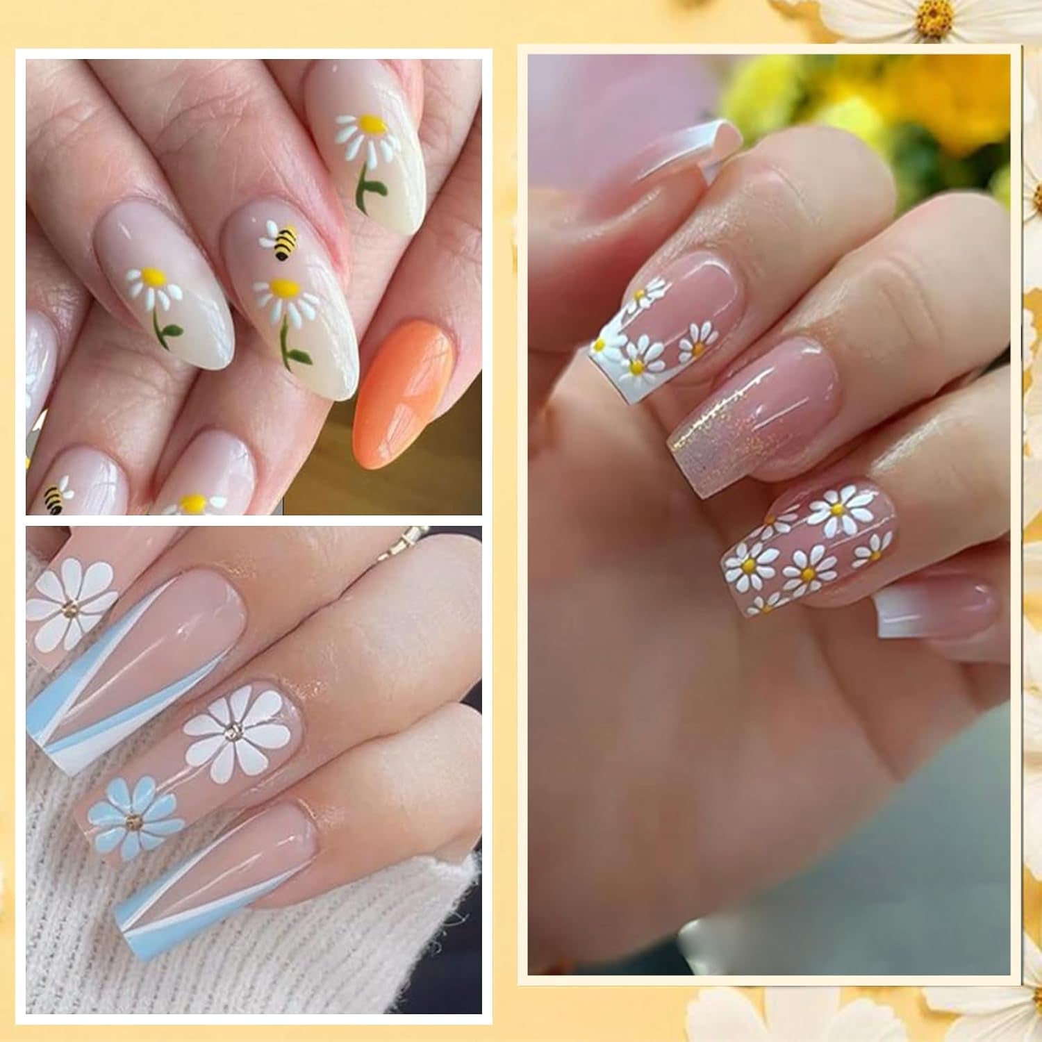 12 Blatt Nagelaufkleber mit 3D-Effekt, UV-härtend, langlebig, Blumen-Nagelaufkleber, gelb-weiße Gänseblümchen-Nagelkunstaufkleber