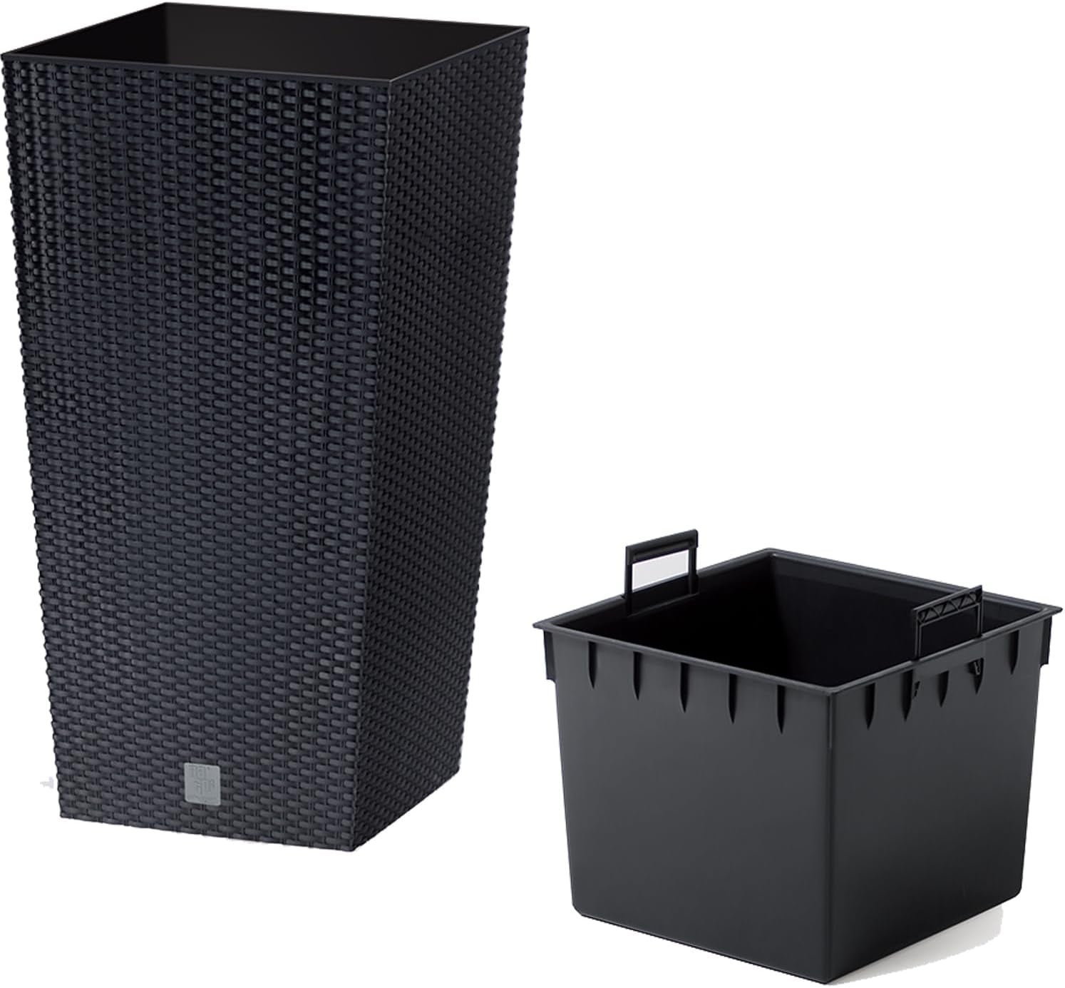 Prosperplast Rattan-Optik-Töpfe/Töpfe mit Einsatz | 26,5 x 26,5 x 50 cm | Anthrazit | witterungs- und UV-beständig | aus stabilem Kunststoff | für innen und außen
